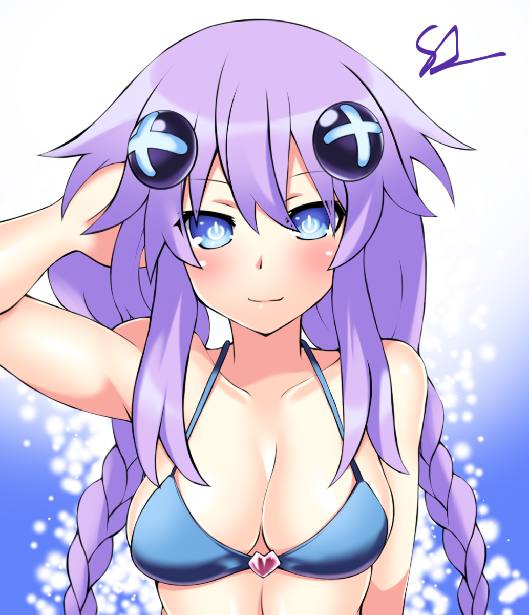 arm_up bikini_top blue_eyes blush breasts close-up goddess hair_ornament kurozero light-skinned_female long_hair looking_at_viewer neptune_(neptunia) neptunia_(series) purple_hair purple_heart_(neptunia) twin_braids