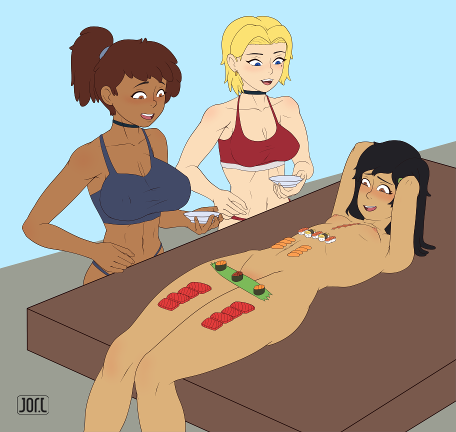 3girls aged_up amphibia amphibia_(finale) anne_boonchuy artist_name artist_signature asian asian_female big_breasts blush bra breasts choker clothing dark_skin different_breast_sizes disney disney_channel fair_skin female female_focus female_only food food_on_body friends jorl large_breasts light_skin long_hair lying lying_on_back lying_on_table marcy_wu multiple_girls nipples nude nude_female_clothed_female nyotaimori panties ponytail sasha_waybright sashimi scar short_hair slavic small_breasts sports_bra sushi table taiwanese thai trio trio_focus