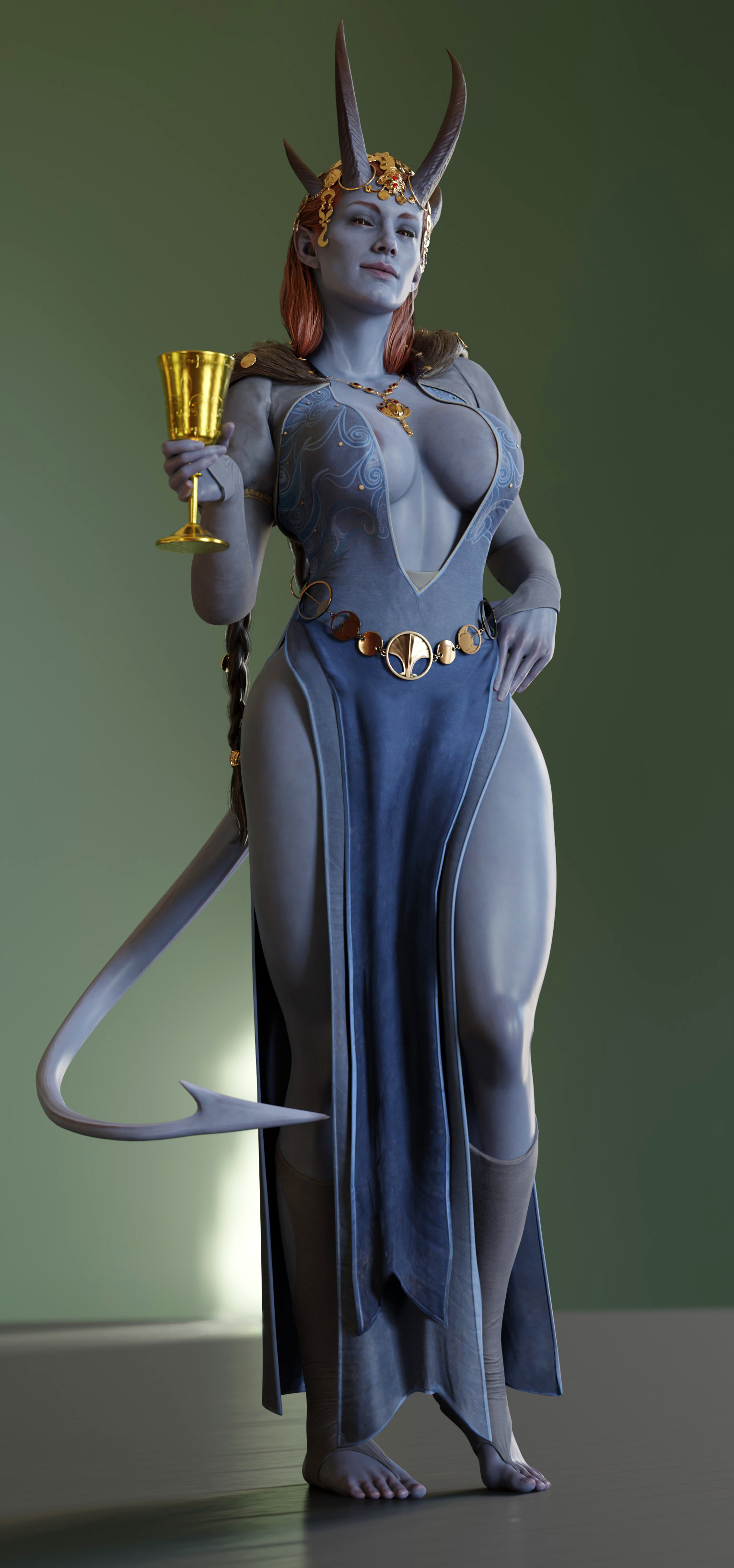 1girls, 3d, baldur's gate, baldur's gate 3, batesz, big breasts, blue body, blue skin, breasts, chalice, clothed, clothing, cup, dungeons and dragons, feet, female, female only, fit, fit female, forgotten realms, gradient background, grey body, grey skin, headwear, horns, large breasts, looking at viewer, mizora, nipple peek, nipple slip, nipples, no bra, pelvic curtain, red hair, see-through, see-through clothing, solo, solo female, standing, tail, toes, video game, video game character, video games