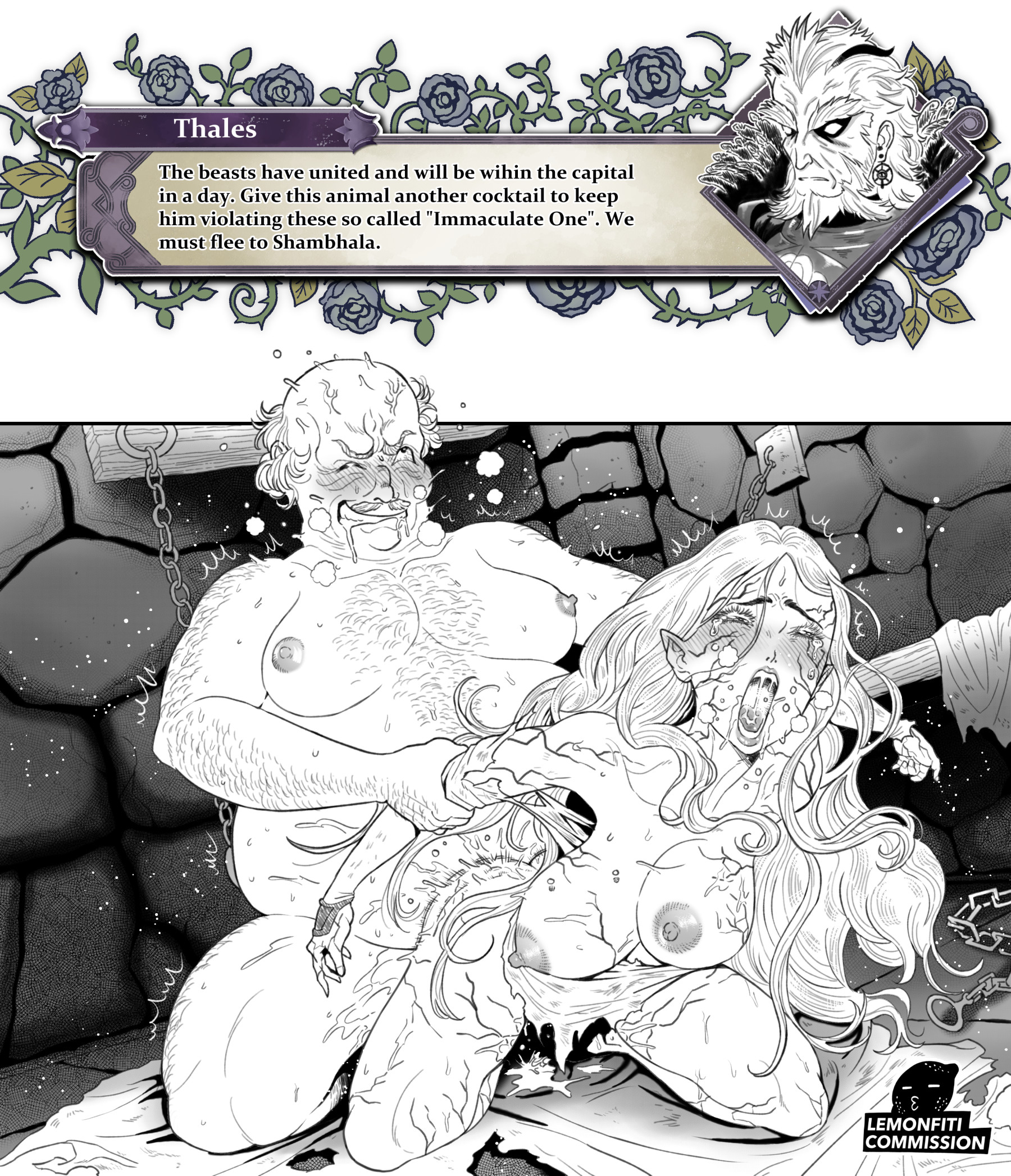 1boy, 1girls, 2d, 2d (artwork), 2d artwork, 2koma, ahe gao, breasts, cum, cum in pussy, cum inside, defeated, dungeon, english text, fantasy, fat male, female, femsub, fire emblem, fire emblem warriors: three hopes, fire emblem: three houses, forced, forced prostitution, greyscale, imminent rape, imminent sex, instant loss, lemonfiti, ludwig von aegir, male, maledom, medium breasts, monochrome, nintendo, nipples, prisoner, pussy, rape, raped, rhea (fire emblem), size difference, slave, spoils of war, sweat, sweaty, text, thales (fire emblem), ugly bastard