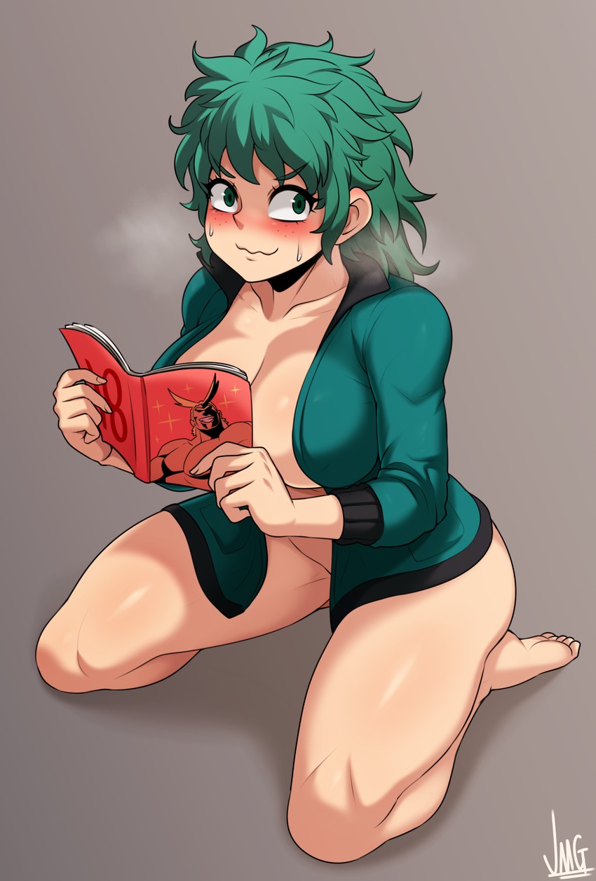 all_might blush book curvy eyelashes female_deku freckles from_above genderswap_(mtf) green_eyes green_hair green_jacket horny horny_female izuku_midoriya jacket jacket_open jmg kneeling large_ass large_breasts massive_breasts my_hero_academia nervous nude reading rule_63 solo solo_female solo_focus steam thick thick_ass thick_thighs toshinori_yagi wide_hips