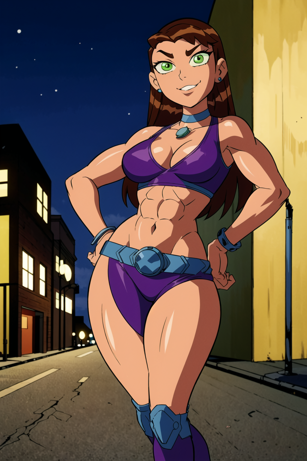 abs ai_generated ben_10 ben_tennyson benfire bookoflustfan dc female female_ben fully_clothed midriff muscular muscular_female starfire teen_titans