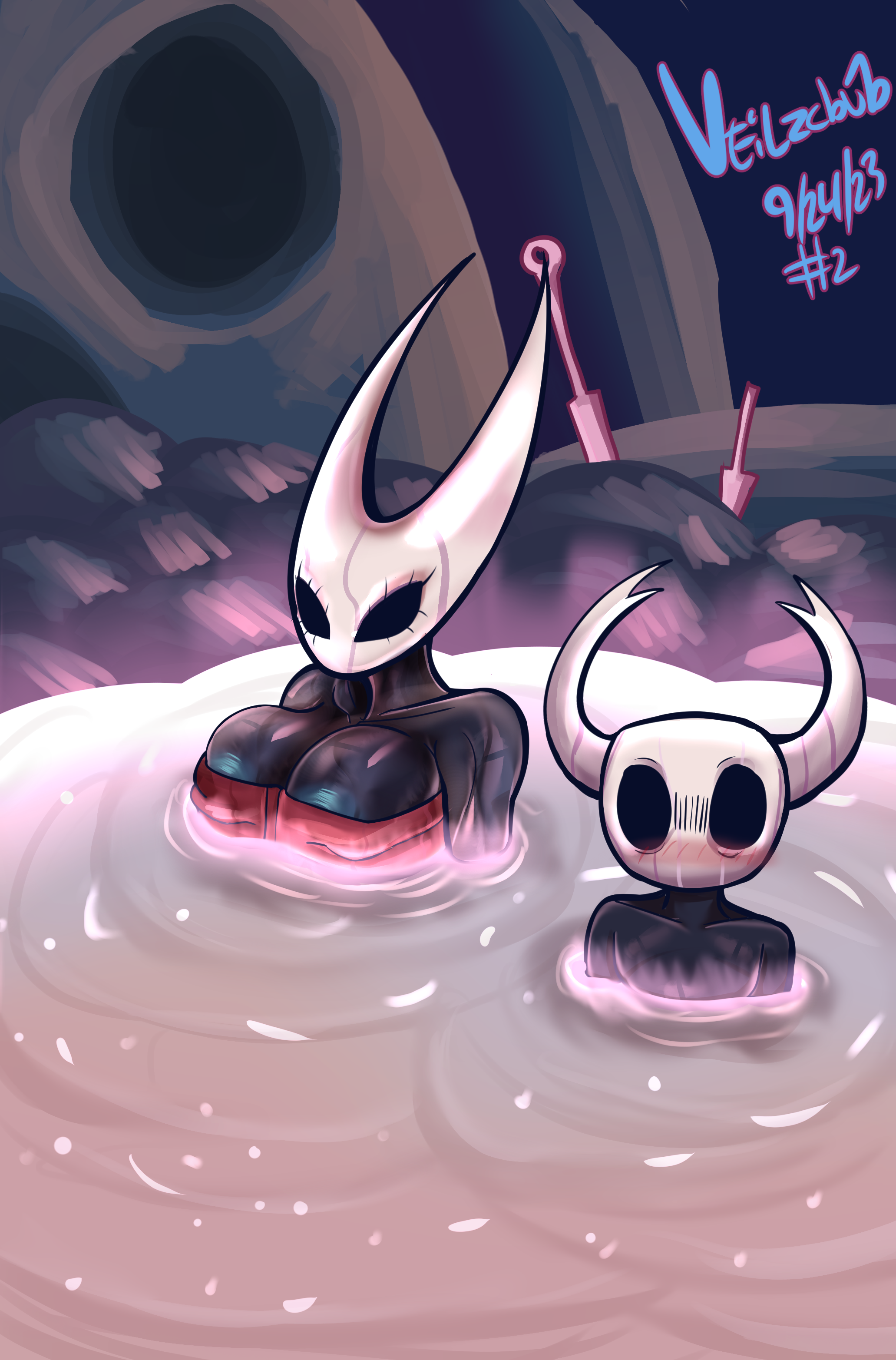 3 fingers, black body, blue nipples, breasts, cleavage, female, hollow knight, hornet (hollow knight), huge breasts, nervous, sitting, tagme, the knight (hollow knight), towel, veilzebub