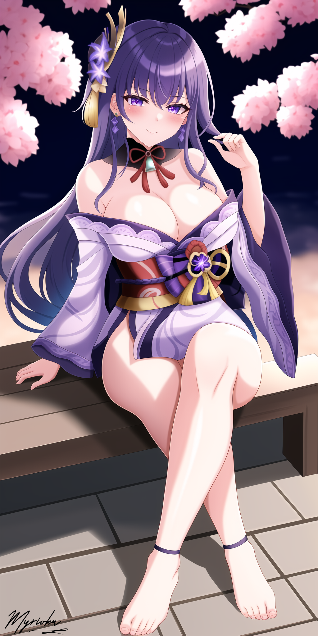 1girls ai_generated bare_legs barefoot cleavage crossed_legs feet genshin_impact large_breasts myrioku purple_eyes purple_hair raiden_shogun sitting solo stable_diffusion