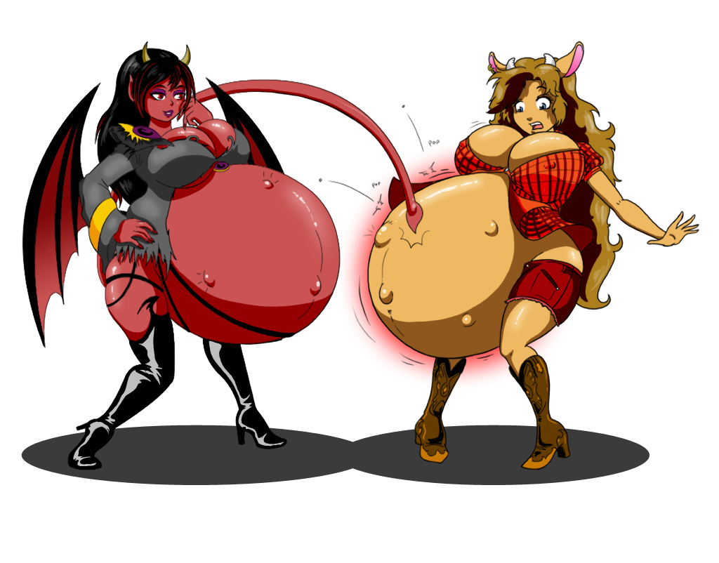 2girls big_belly black_hair brown_hair cow_girl demon demon_girl female female_only fetal_movement hyper_pregnancy marrazan pregnancy_transfer pregnant rapid_pregnancy ready_to_pop spontaneous_pregnancy