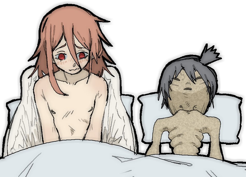 2boys after_sex angel_devil_(chainsaw_man) angel_wings bed blush blush_lines chainsaw_man comedy funny gay guy_tired_after_sex_(meme) hayakawa_aki meme mexico_alien nervous nude pantsu_ripper pillow red_eyes red_hair