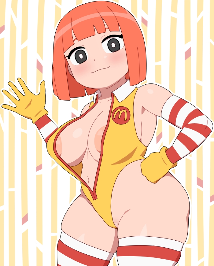 1girls armpits ass big_ass big_breasts blush breasts cosplay eyelashes female female_only gloves kabeume legwear light-skinned_female light_skin mcdonald's mom_(japanese_mcdonald's_commercial) nipple_outline orange_hair pale-skinned_female pale_skin ronald_mcdonald_(cosplay) short_hair smile striped_legwear striped_thighhighs thick_thighs thighhighs thighs waving yellow_gloves yoru_mac