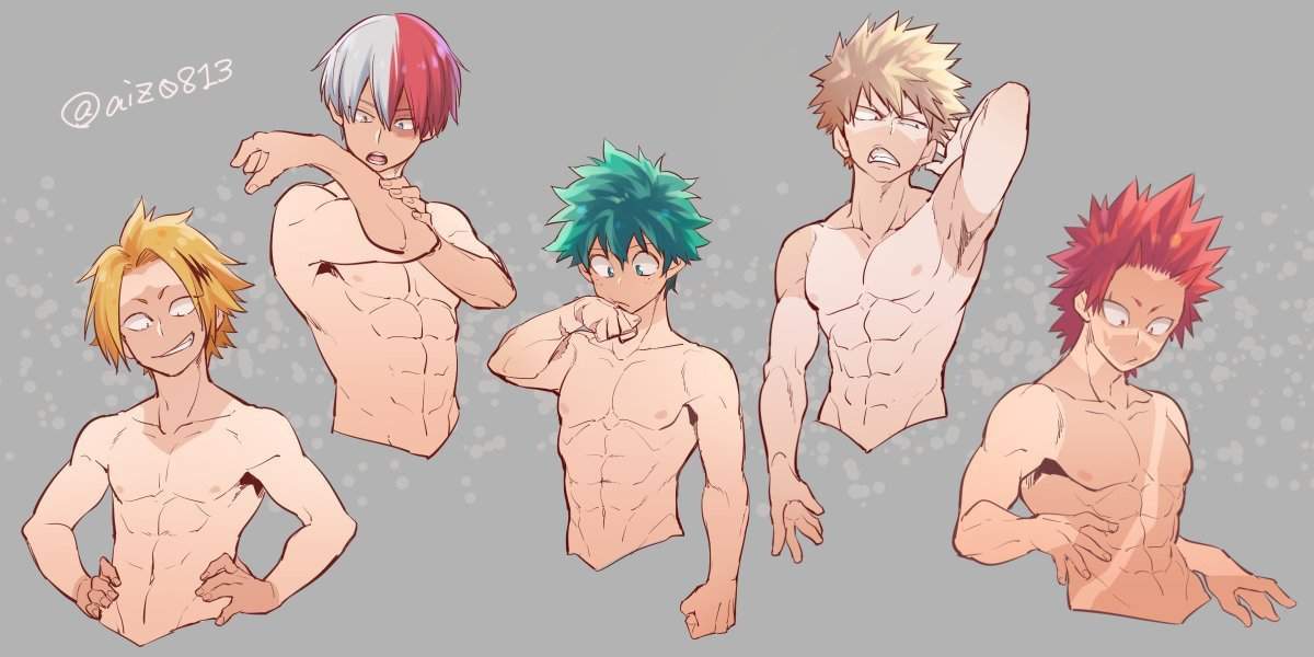 5boys, abs, bakugou katsuki, blonde hair, denki kaminari, eijirou kirishima, green hair, izuku midoriya, katsuki bakugou, kirishima eijirou, male, male only, midoriya izuku, multiple boys, multiple males, muscles, muscular, muscular male, my hero academia, open mouth, red hair, shirtless, shirtless male, shouto todoroki, tan lines, tan skin, tanline, tonomayo, two-tone hair