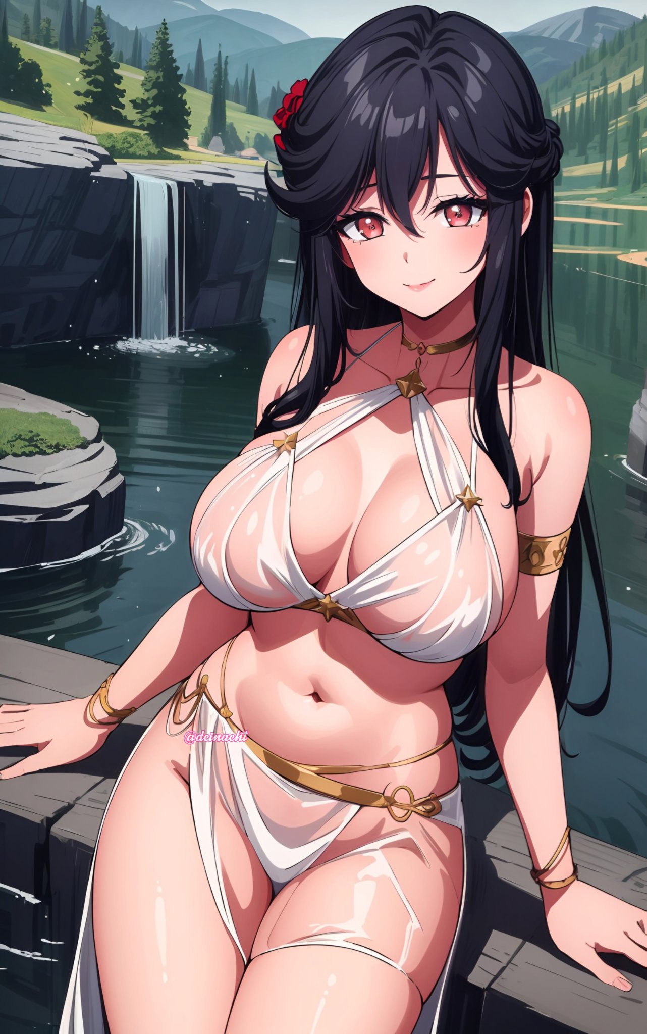 ai_generated big_breasts black_hair deinacht flower_in_hair gold_jewelry greek_clothes long_hair ohtori_saori red_eyes zom_100_zombie_ni_naru_made_ni_shitai_100_no_koto