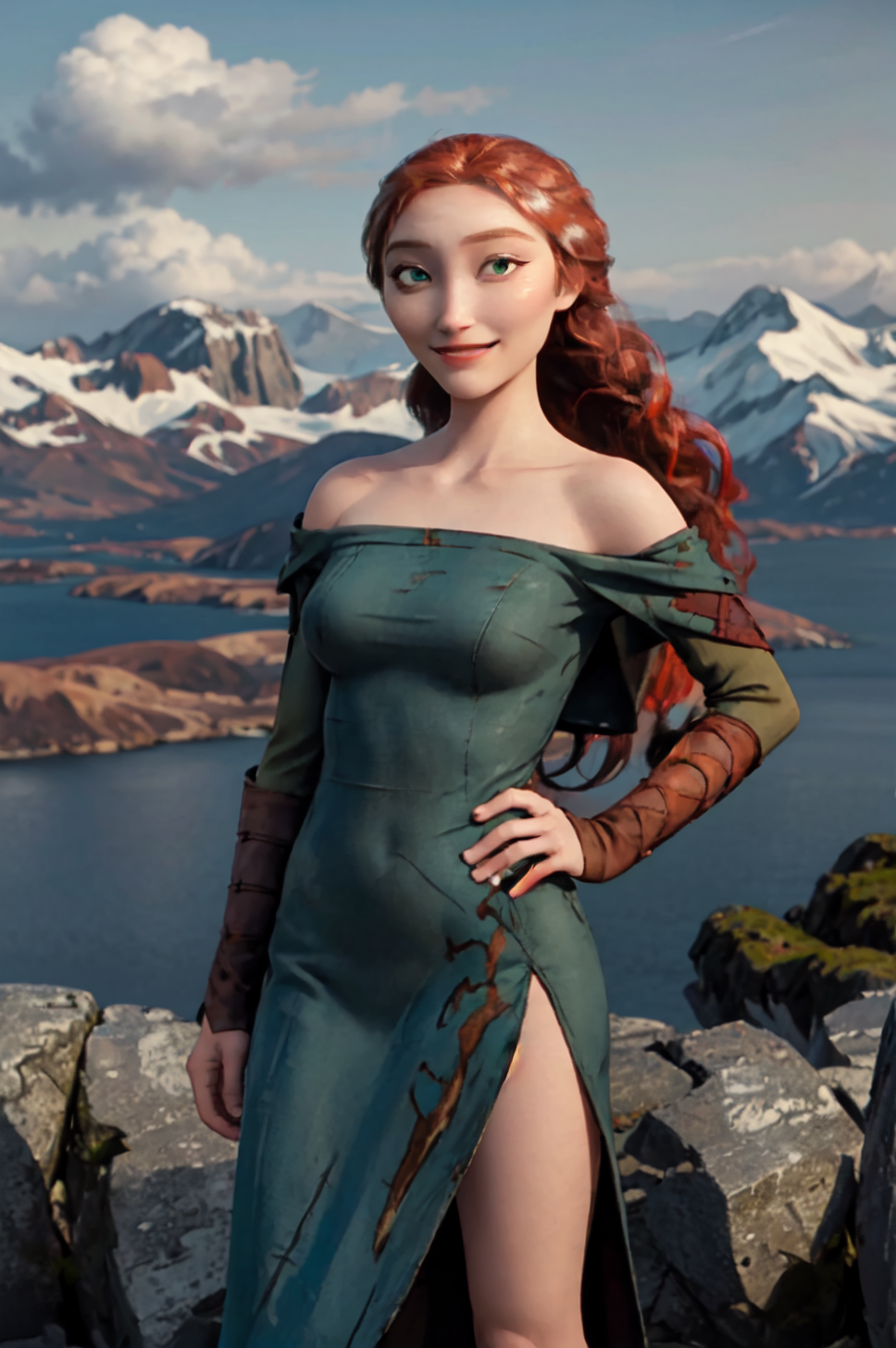 1girls ai_generated auburn_hair dreamworks exposed_shoulders female female_only green_eyes how_to_train_your_dragon leg light-skinned_female light_skin long_hair milf mrseyker pixai red_hair shoulders solo solo_female thighs valka_haddock