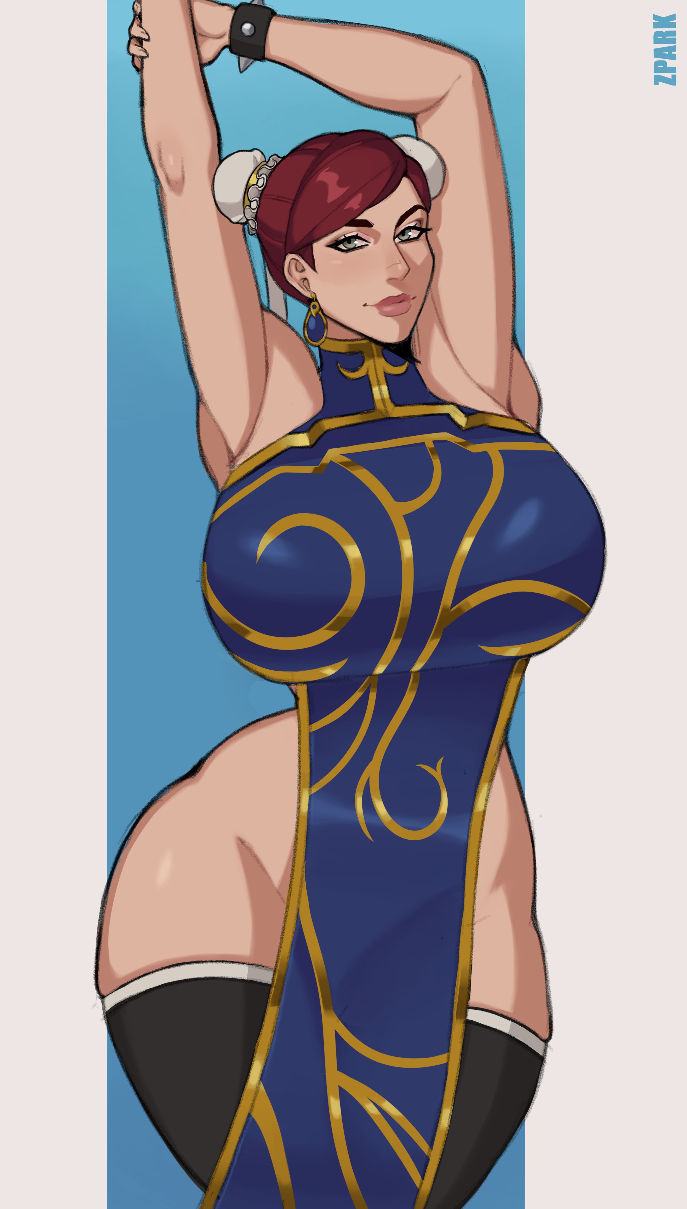 1girls, 2022, absurd res, arms up, big breasts, black legwear, breasts, capcom, chinese clothes, chun-li (cosplay), cosplay, dress, earrings, egirl, female, female only, fully clothed, hair bun, influencer, internet celebrity, legwear, looking at viewer, onlyfans model, pureruby87, real person, red hair, smiling, smiling at viewer, solo, streamer, street fighter, stretching, twin buns, wide hips, zpark