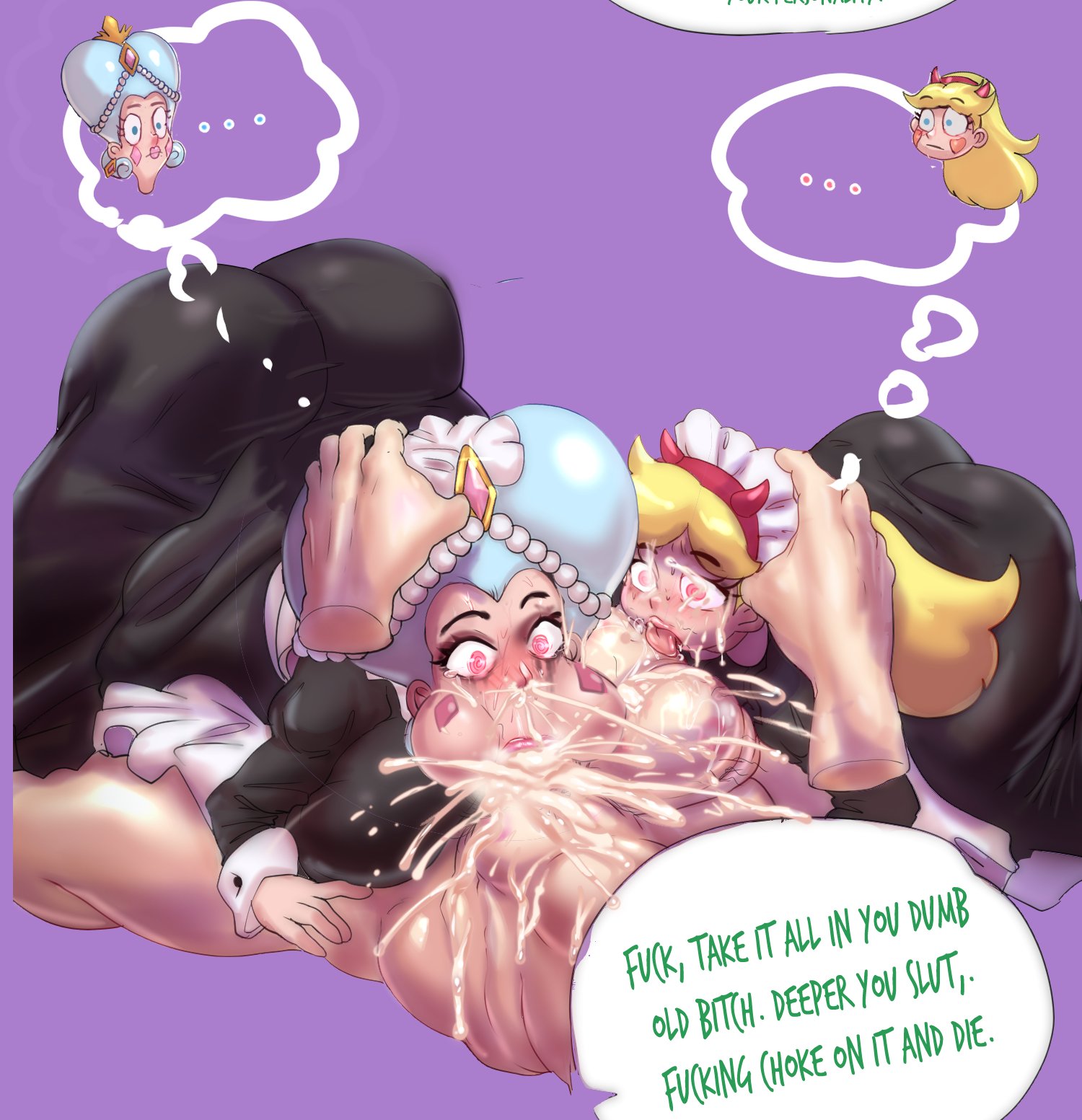 2girls, balls, big breasts, blonde hair, blue hair, breasts, cheek bulge, cum, cum in mouth, cum out nose, disney, disney channel, disney xd, english text, female, large breasts, lipstick, lipstick mark, lipstick on balls, lipstick on penis, maid, maid headdress, maid uniform, male, mind control, moon butterfly, mother and daughter, multiple females, multiple girls, partial male, penis, raizengax, runny makeup, star butterfly, star vs the forces of evil, text, white female, wide hips, wide thighs