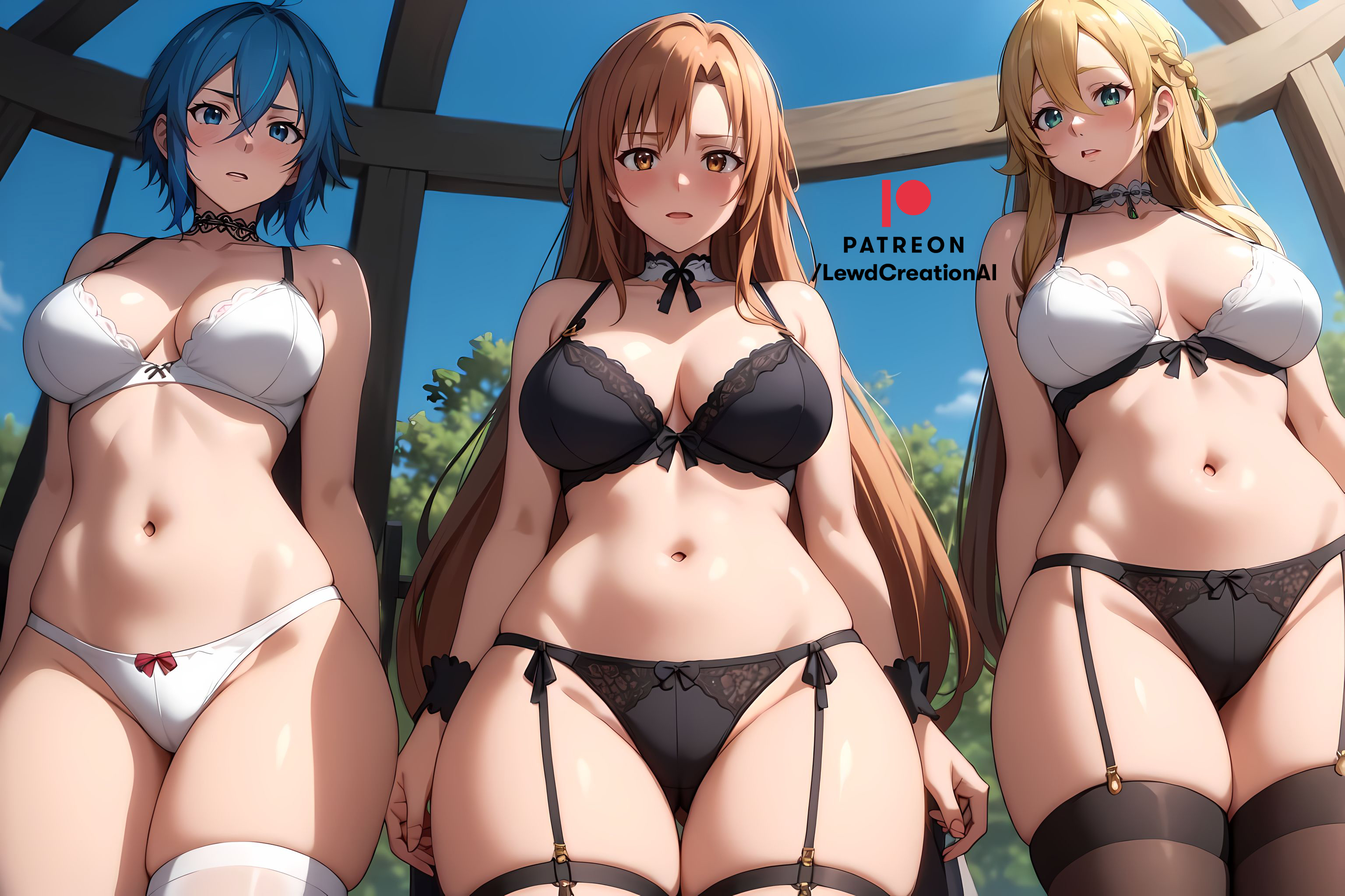 3girls, ai generated, asada shino, big breasts, blonde hair, blue eyes, blue hair, blush, blush lines, blushing at viewer, bra, breasts, breasts out, brown eyes, brown hair, cameltoe, choker, cleavage, female, from below, gun gale online, huge breasts, kirigaya suguha, leafa, lewdcreationsai, lingerie, looking at viewer, looking down, navel, pussy, sinon, smirk, stockings, sword art online, thick thighs, thigh gap, thigh highs, thigh strap, thighhighs, thighs, yuuki asuna