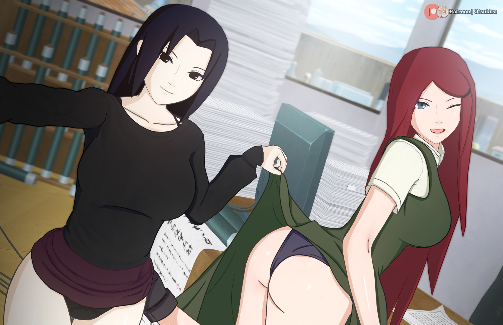 2girls, 3d, arm support, ass, bare ass, big ass, big breasts, black eyes, black hair, blue eyes, blush, boruto: naruto next generations, breast size difference, breasts, commentary, desk, dress, embarrassed, female, female only, female/female, g-string, high resolution, hokage office, koikatsu, lifted by another, looking at viewer, looking back, looking back at viewer, mature, mature female, milf, multiple females, multiple girls, naruto, naruto (series), naruto shippuden, office, one eye closed, otsukira, panties, pants, petite, presenting, presenting ass, raised leg, red hair, selfie, shirt, skirt, skirt lift, smile, taking selfie, text, uchiha mikoto, uzumaki kushina, watermark, wink