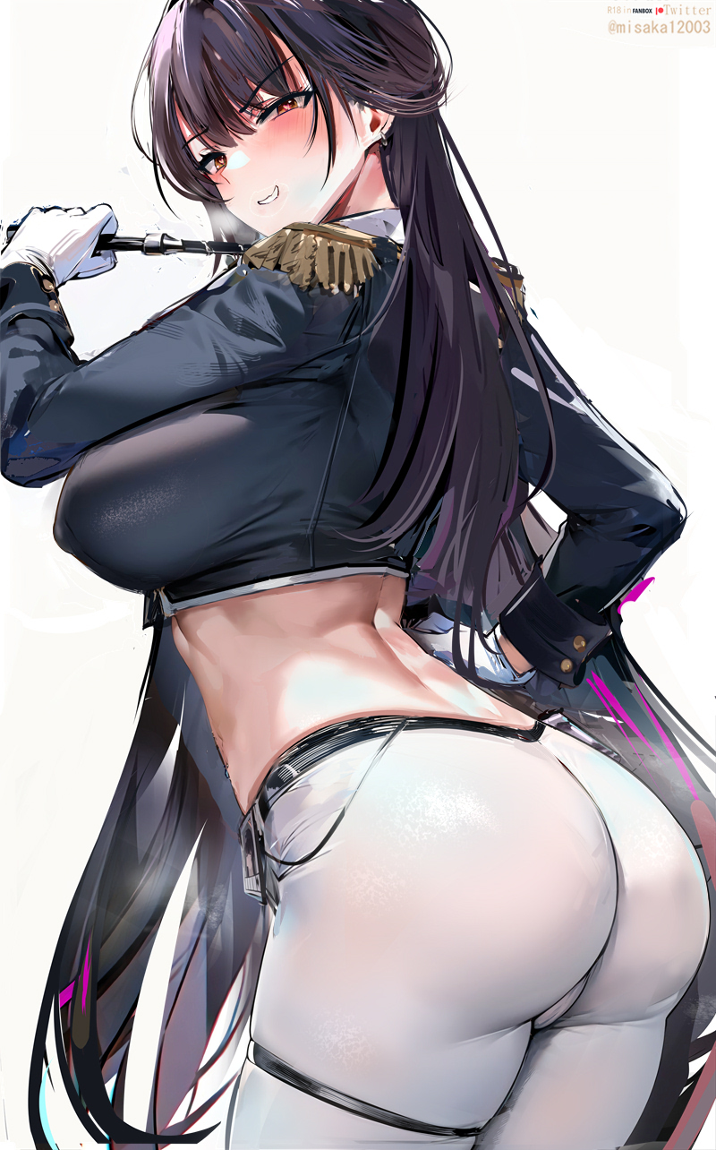 1girls, ass, black hair, blush, breasts, commentary, epaulettes, female, from behind, gloves, goddess of victory: nikke, heart, heart-shaped pupils, huge ass, large breasts, long hair, long sleeves, looking at viewer, looking back, marciana (nikke), misaka 12003-gou, pants, parted lips, red eyes, simple background, smile, solo, symbol-shaped pupils, thigh strap, thighs, twitter username, white background, white gloves, white pants