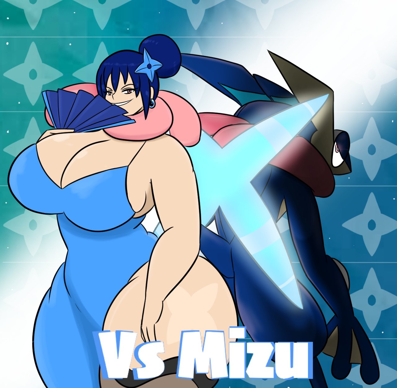 blue_hair cleavage dress fancy_clothing fancy_dress greninja hair_ornament hairclip hips hourglass_figure huge_breasts igphhangout mizu_(igphhangout) pokemon pokemon_(species) smile