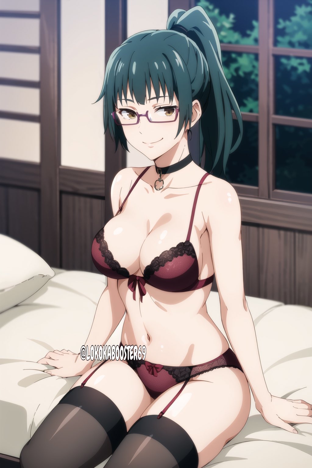 ai generated, brown eyes, collar, female, green hair, jujutsu kaisen, lokokabooster69, looking at viewer, ponytail, red lingerie, sitting on bed, smiling at viewer, stockings, tagme, zenin maki