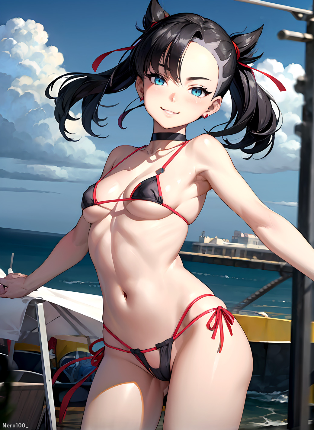 1girls, adorable, ai generated, arm up, armpits, bare shoulders, belly, bikini, bikini bottom, bikini top, black bikini, black hair, blue eyes, blush, braided bun, breasts, bun, choker, city, collar, cowboy shot, curvy, curvy figure, cute, dark hair, day, detailed, double bun, ear piercing, eyelashes, female, female only, fit, fit female, goth, hair ornament, hair ribbon, high quality, human, human only, light skin, light-skinned female, lipstick, looking at viewer, marnie (pokemon), mascara, micro bikini, navel, nintendo, outdoors, pale skin, pale-skinned female, petite, pokemon, pokemon (game), pokemon ss, posing, seductive, seductive eyes, seductive look, short hair, sidelocks, small breasts, smile, smiling at viewer, solo, stable diffusion, standing, stomach, street, string bikini, string panties, tagme, thighs, thin, thin arms, thin female, thin waist, twintails, water, young