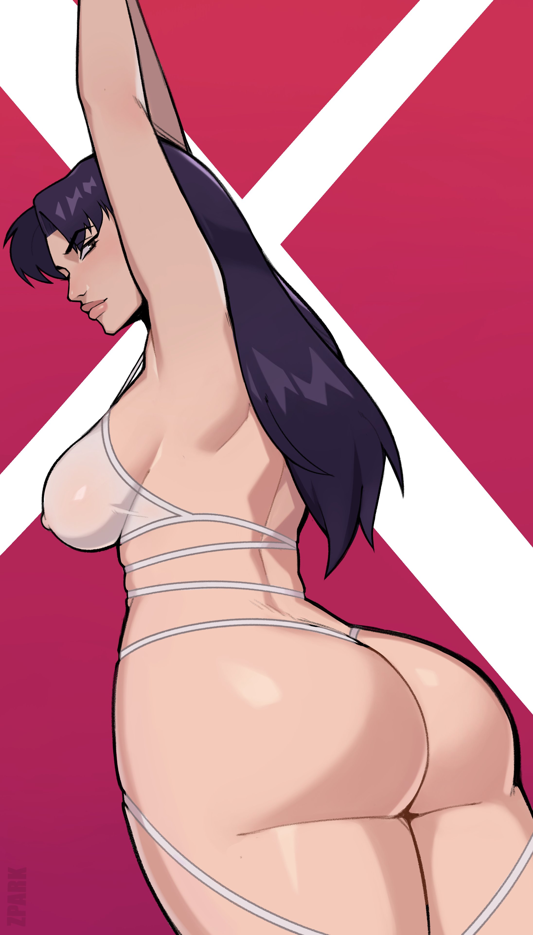 1girls, absurd res, armpits, arms up, ass, breasts, female, female only, long hair, looking back, misato katsuragi, neon genesis evangelion, nipples, partially clothed, purple hair, skimpy, skimpy clothes, solo, thick ass, thick thighs, zpark