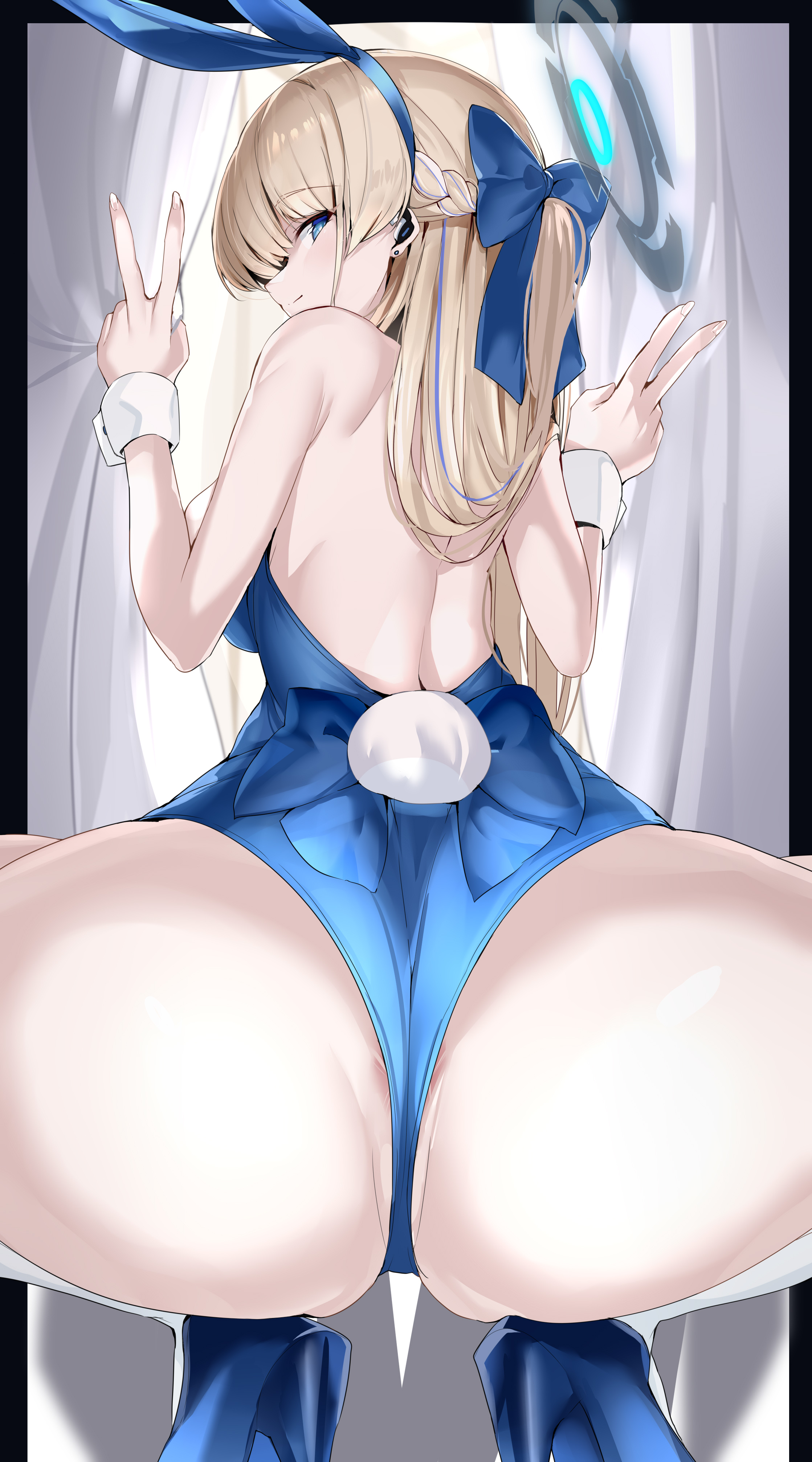 1girls, absurdres, animal ears, ass, back, bare shoulders, blonde hair, blue archive, blue eyes, blue leotard, blush, braid, breasts, bunny ears, cleaning & clearing (blue archive), double v, earpiece, fake animal ears, female, female only, french braid, halo, high heels, highleg, highleg leotard, highres, leotard, light skin, light-skinned female, long hair, looking at viewer, looking back, maruyaa (malya1006), medium breasts, millennium science school student, pale skin, pale-skinned female, playboy bunny, rabbit ears, rabbit tail, solo, squatting, tail, thighhighs, thighs, toki (blue archive), toki (bunny) (blue archive), v, white thighhighs, wrist cuffs