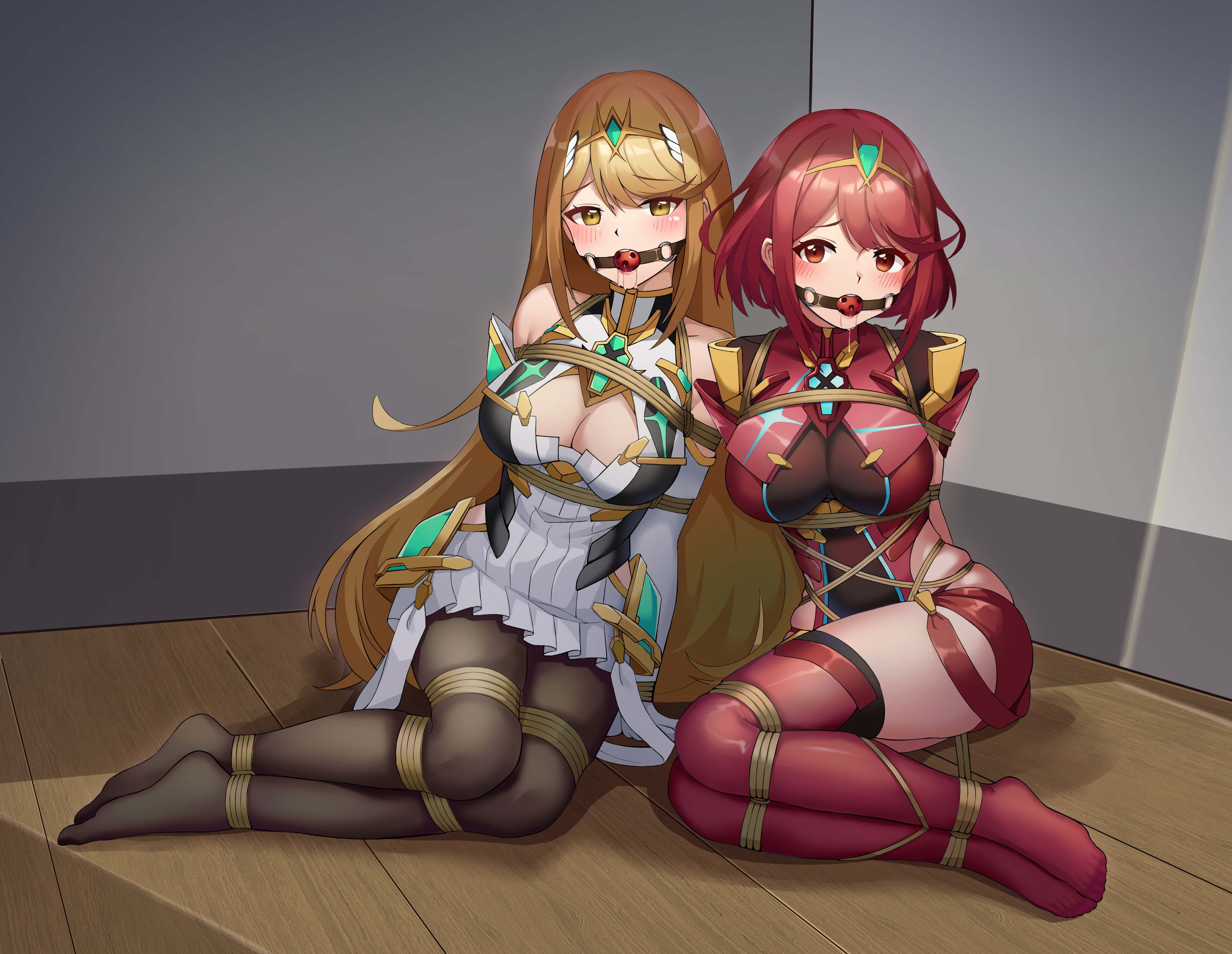 2girls, arms behind back, ball gag, blonde hair, blush, bondage, bound, breasts, cleavage, drool, drooling, female, female only, femsub, fully clothed, gag, gagged, hi res, long hair, multiple females, multiple girls, multiple subs, mythra, nintendo, on floor, pyra, red eyes, red hair, restrained, rope, rope bondage, saliva, short hair, stockings, t zhonglang, tiara, tied, tied up, xenoblade (series), xenoblade chronicles 2, yellow eyes
