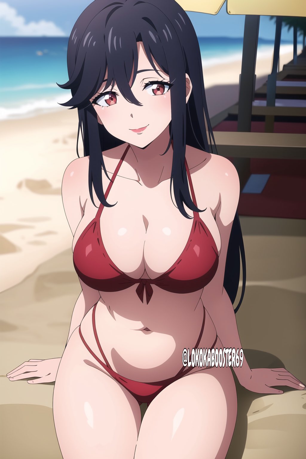 1girls ai_generated beach belly belly_button big_breasts black_hair female lokokabooster69 long_hair ohtori_saori red_bikini red_eyes tagme zom_100_zombie_ni_naru_made_ni_shitai_100_no_koto