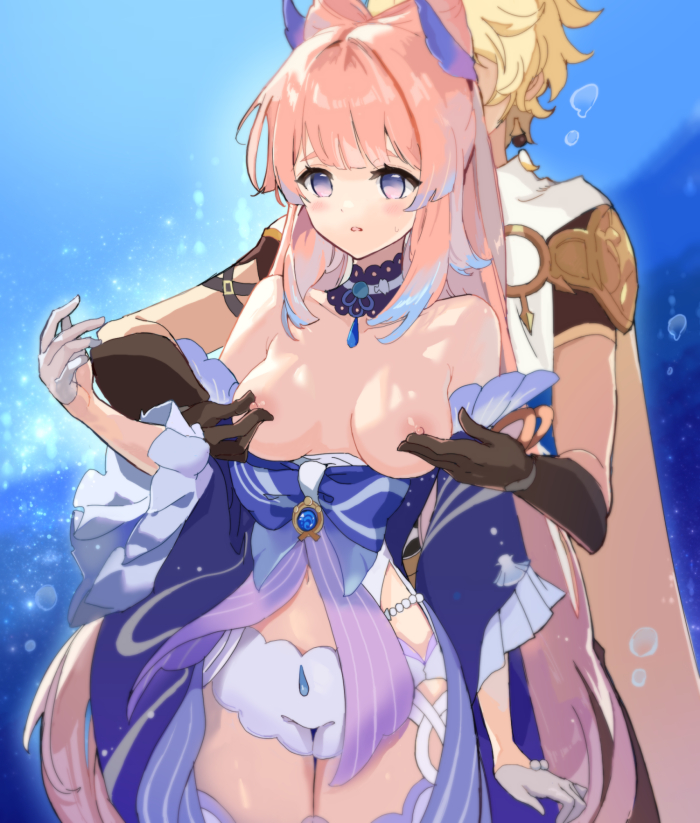 1boy, 1girls, aether (genshin impact), blonde hair, blush, breasts, breasts out, female, genshin impact, groping, male, nipple pinch, nipple tweak, nipples, pink hair, sangonomiya kokomi, standing, straight
