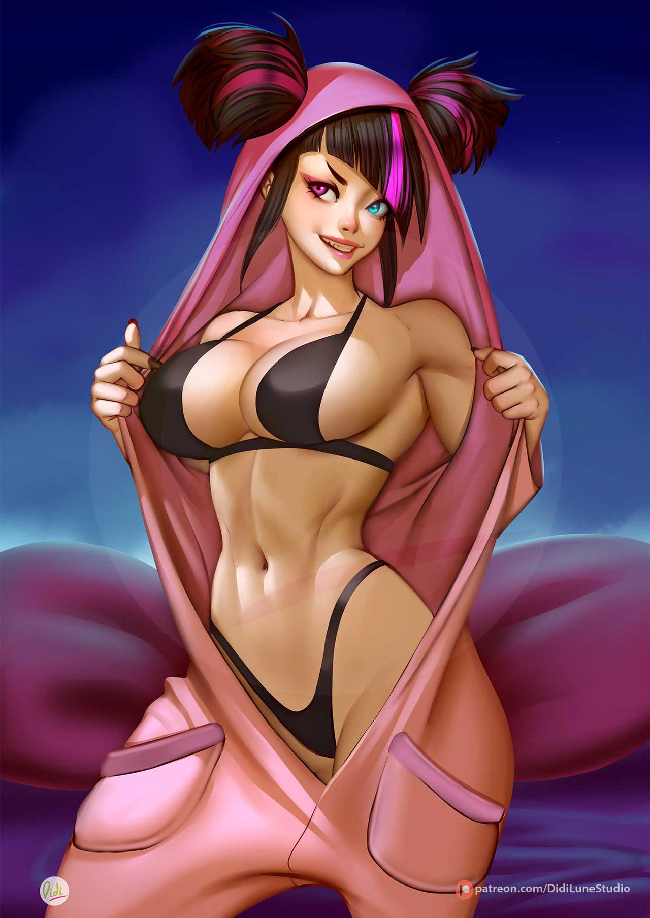 1girls, bikini top, black hair, blue eyes, breasts, capcom, cleavage, didi esmeralda, female, female only, heterochromia, juri han, large breasts, lingerie, lingerie under clothes, multicolored hair, pajamas, pink hair, presenting, purple eyes, solo, street fighter, street fighter 6, thong, twintails, undressing