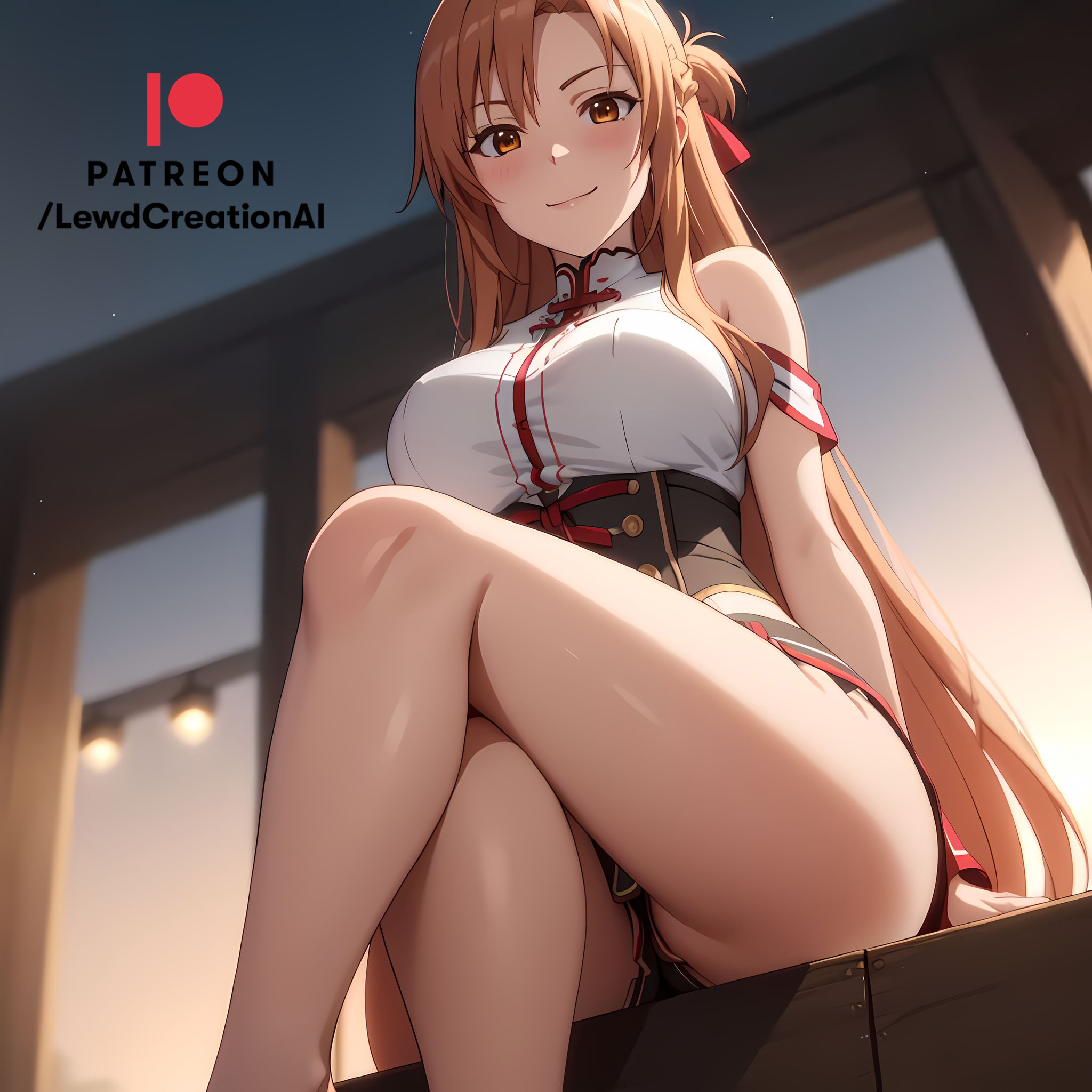 ai generated, big breasts, blush, blush lines, blushing at viewer, breasts, brown eyes, brown hair, cameltoe, choker, crossed legs, dominant, dominant female, domination, female, from below, huge breasts, large breasts, lewdcreationsai, lingerie, looking at viewer, looking down, navel, orange hair, pussy, smirk, smirking, smirking at viewer, sword art online, thick, thick thighs, thigh gap, thigh highs, thigh strap, thighhighs, thighs, yuuki asuna