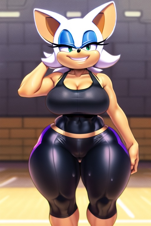 ai generated, anthro, armpits, ass, bat, bedroom eyes, big breasts, breasts, cameltoe, chiropteran, cleavage, clothing, female, female only, fur, furry, green eyes, grin, gym clothes, mammal, navel, novelai, orange body, pussy, rouge the bat, seductive look, short hair, smile, smirk, sonic (series), sonic the hedgehog (series), spandex, sweat, thick ass, thick thighs, thighs, white hair, wide hips