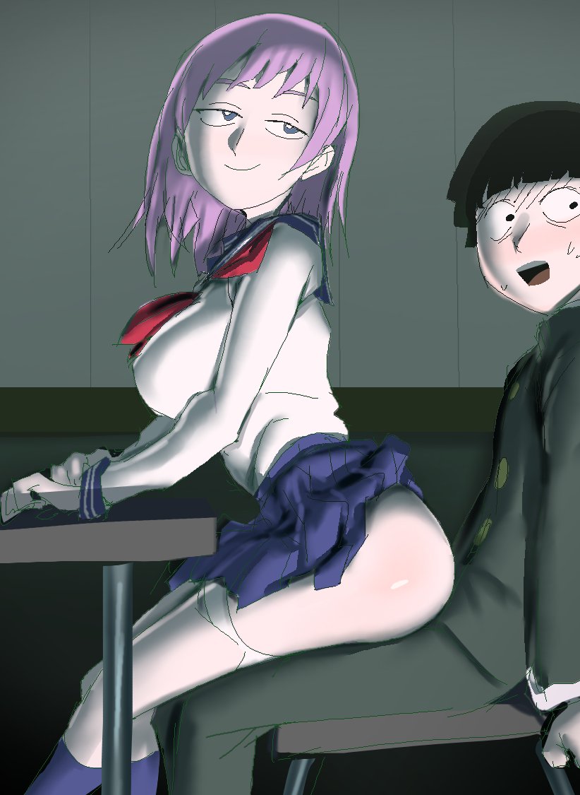 1boy 1girls blue_socks blunt_bangs blush breasts caught caught_in_the_act duo female implied_sex knee_socks kneehighs kneesocks long_sleeves looking_at_viewer looking_back male minori_asagiri mob_psycho_100 nervous panties_down purple_hair school school_uniform schoolgirl shigeo_kageyama skirt skirt_lift socks sweatdrop tagme uniform yev-san