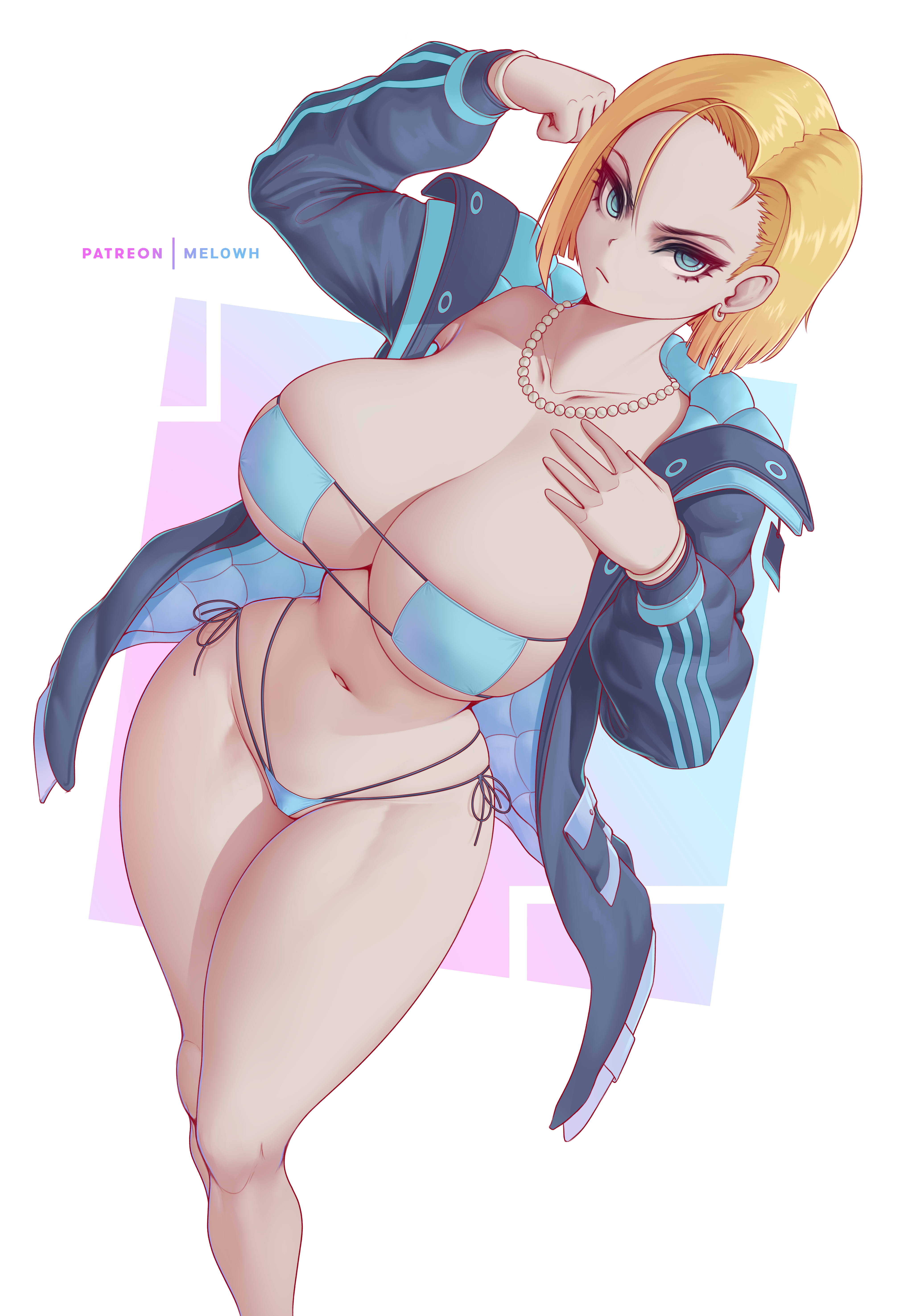 1girls, android 18, bikini, blonde hair, breasts, cleavage, dragon ball, dragon ball z, eyepatch bikini, female, female only, hi res, hips, large breasts, light skin, light-skinned female, melowh, short hair, simple, simple background, thick thighs, thighs, wide hips
