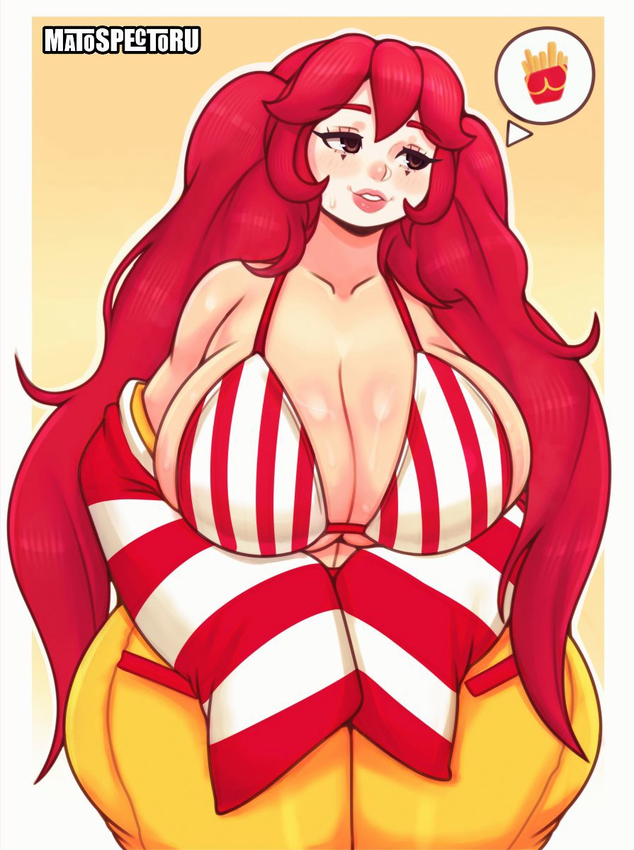 1girls big_breasts busty cleavage clown clown_girl clown_makeup eyebrows eyelashes female female_only huge_breasts large_breasts light-skinned_female light_skin lipstick long_hair makeup matospectoru mcdonald's original_character red_hair shiny_skin solo solo_female solo_focus thick_legs thick_thighs thighs thinking_about_food voluptuous voluptuous_female wide_hips