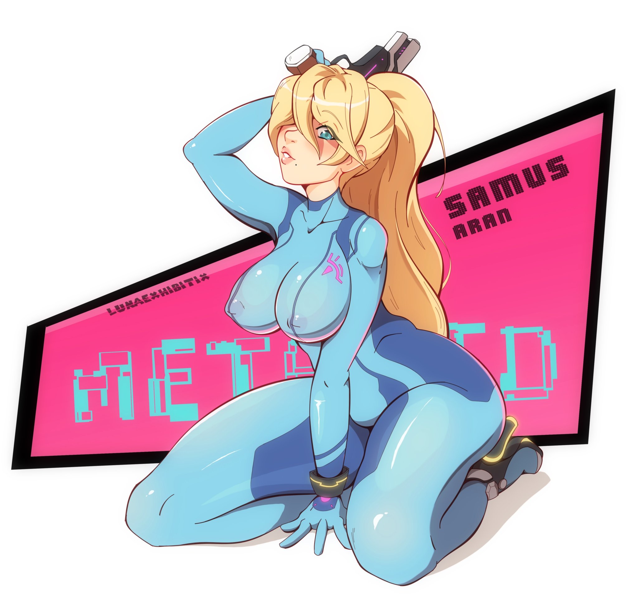 1girls, 2020, 2d, blonde female, blonde hair, blue eyes, bodysuit, breasts, clothed, english text, erect nipples, eyebrows visible through hair, female, female focus, female only, femsub, gun, happy female, happy sub, hi res, holding gun, holding object, kneeling, long hair, looking at viewer, lunaexhabbitix, metroid, nintendo, nipples, nipples visible through clothing, ponytail, samus aran, sole female, solo, solo female, submissive, submissive female, text, white background, willing sub, zero suit samus