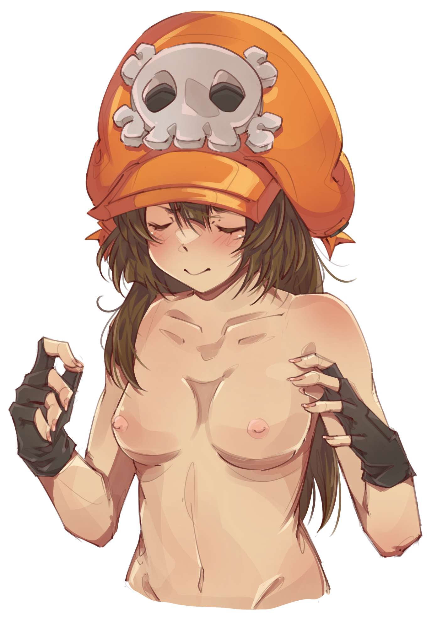 1girls, blush, breasts, closed eyes, collarbone, exposed breasts, exposed nipples, female, gloves, guilty gear, guilty gear strive, hat, long hair, may (guilty gear), mil17459623, naked, nipples, nude, small breasts, solo, tummy