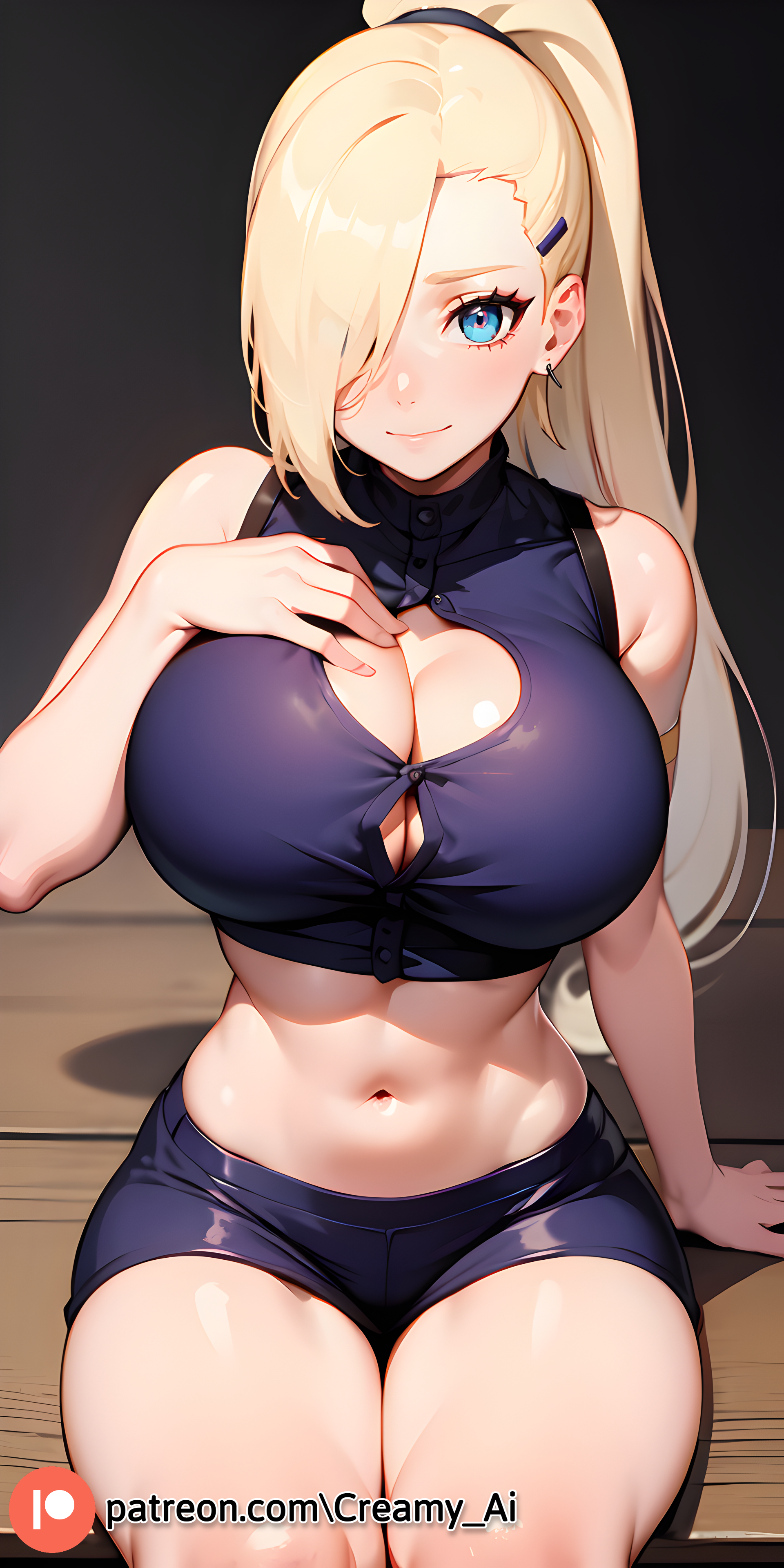 ai generated, arm on breast, arm support, big breasts, blonde hair, blue eyes, breasts, cleavage, cleavage cutout, creamy ai, crop top, curvy, female, female only, hi res, ino yamanaka, long hair, looking at viewer, midriff, naruto, naruto (series), naruto shippuden, navel, patreon username, ponytail, sitting, skirt, smile, thick thighs, thighs, wide hips