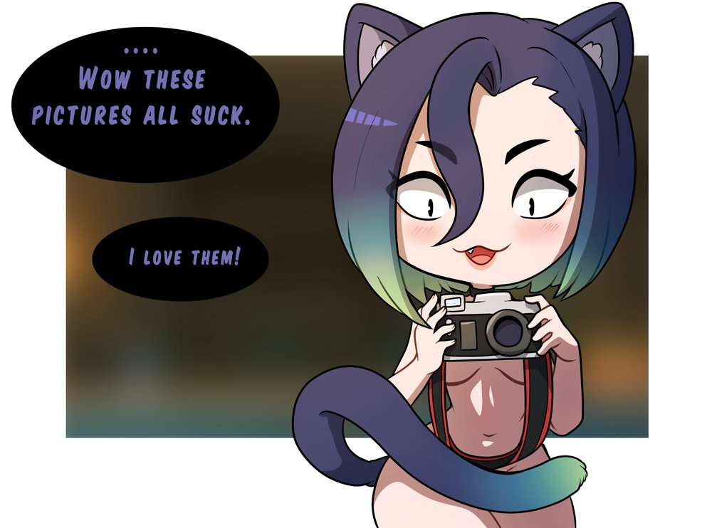 :3, 1girls, camera, cat ears, cat tail, chibi, completely nude, english dialogue, english text, female, female only, kinkymation, nude, perrin (pokemon), pokemon, pokemon sv, solo, tail, tail censor, text