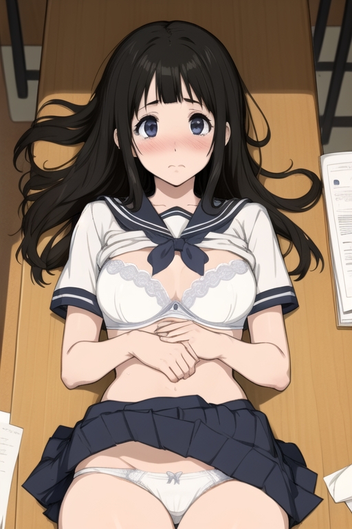 ai_generated black_hair bra chitanda_eru classroom clothes_lift hyouka kslgsnb lying_on_back panties pixai school_uniform schoolgirl shirt_lift skirt_lift underwear white_panties