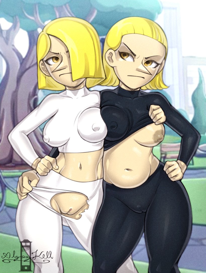 2girls adventure_time adventure_time:_fionna_&_cake algozhell angry_face artist_logo belly_button black_pants black_shirt breast_squeeze breasts breasts_through_clothes breasts_touching chubby_female fionna_and_cake hair_over_one_eye holding_pants holding_shirt hugging lady_lemongrabs_(fionna_and_cake) multiple_girls nipple_outline nipples no_bra no_panties one_breast_out park pointy_nose pussy ripped_clothing ripped_pants shirt_lift shirt_pull shirt_up sister_(lore) sisters tree vagina watermark white_pants white_shirt yellow_eyes yellow_hair