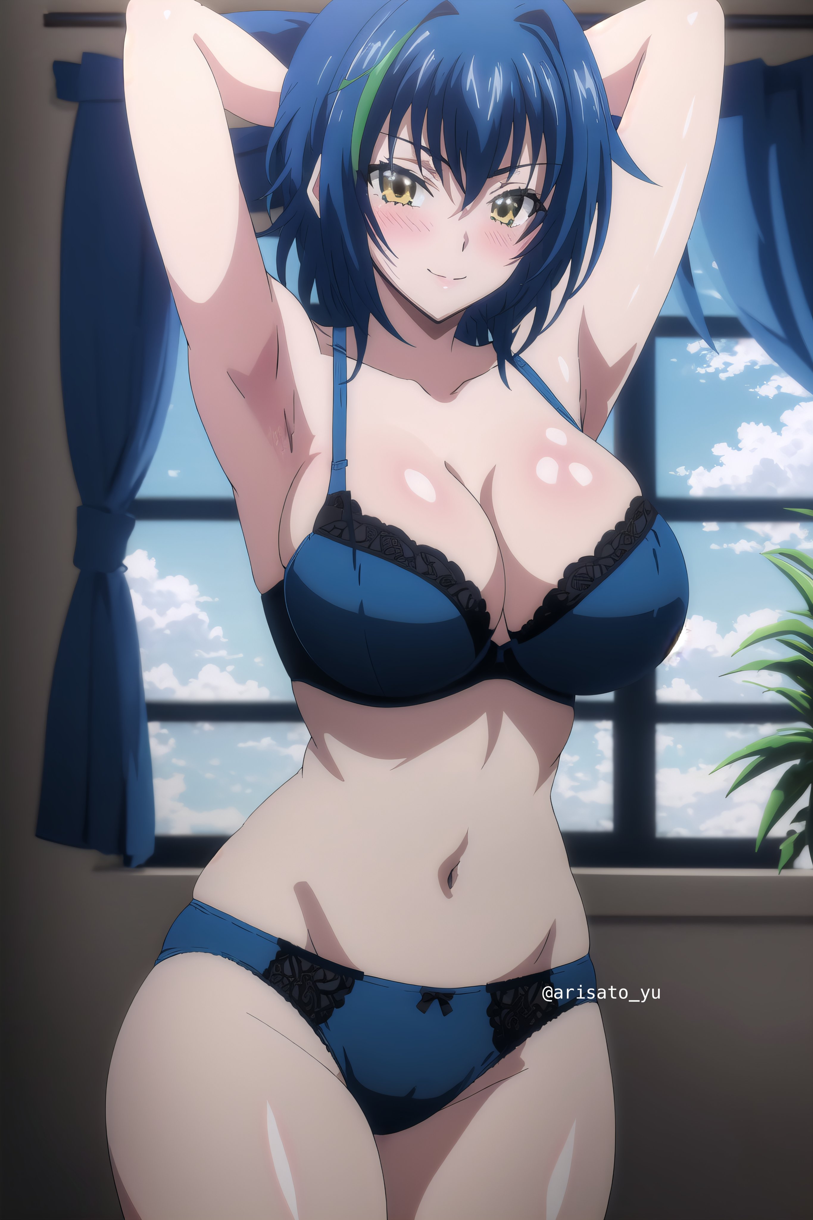 1girls, ai generated, armpits, arms behind head, big breasts, black bra, black panties, blue hair, breasts, busty, cleavage, female, female only, high school dxd, huge breasts, large breasts, legs, light skin, light-skinned female, looking at viewer, navel, pose, posing, seductive, seductive smile, sensual, sexy armpits, short hair, smile, solo, thighs, xenovia quarta, yellow eyes