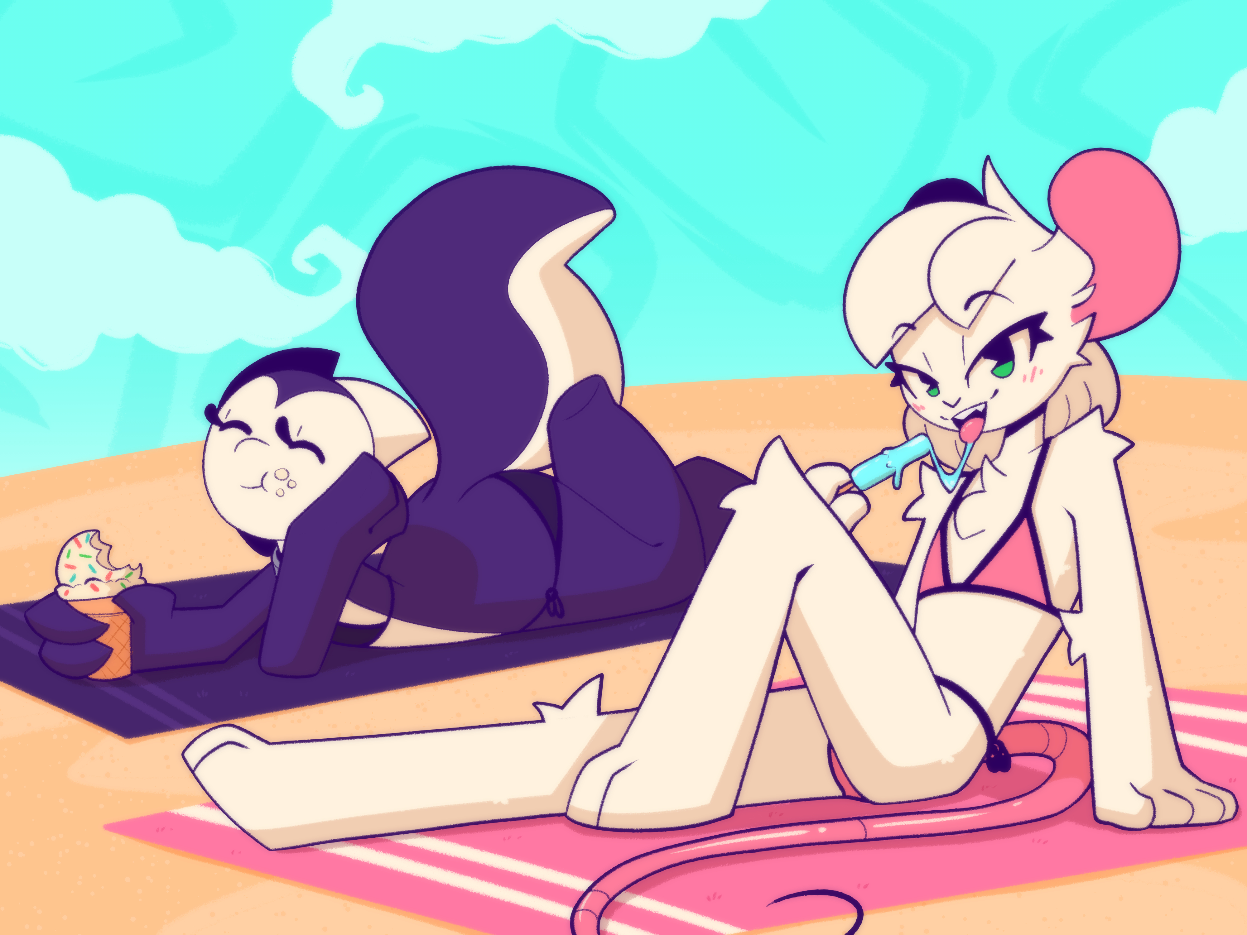 anthro, beach, bikini, blush, closed eyes, digital drawing (artwork), digital media (artwork), duo, eating ice cream, evelyn (whygena), female, femboy, furry, happy, ice cream, looking at viewer, male, open mouth, popsicle, reggie (whygena), romantic, romantic ambiance, romantic couple, seductive, shortstack, shortstack female, summer, swimsuit, thick tail, tongue, tongue out, whygena