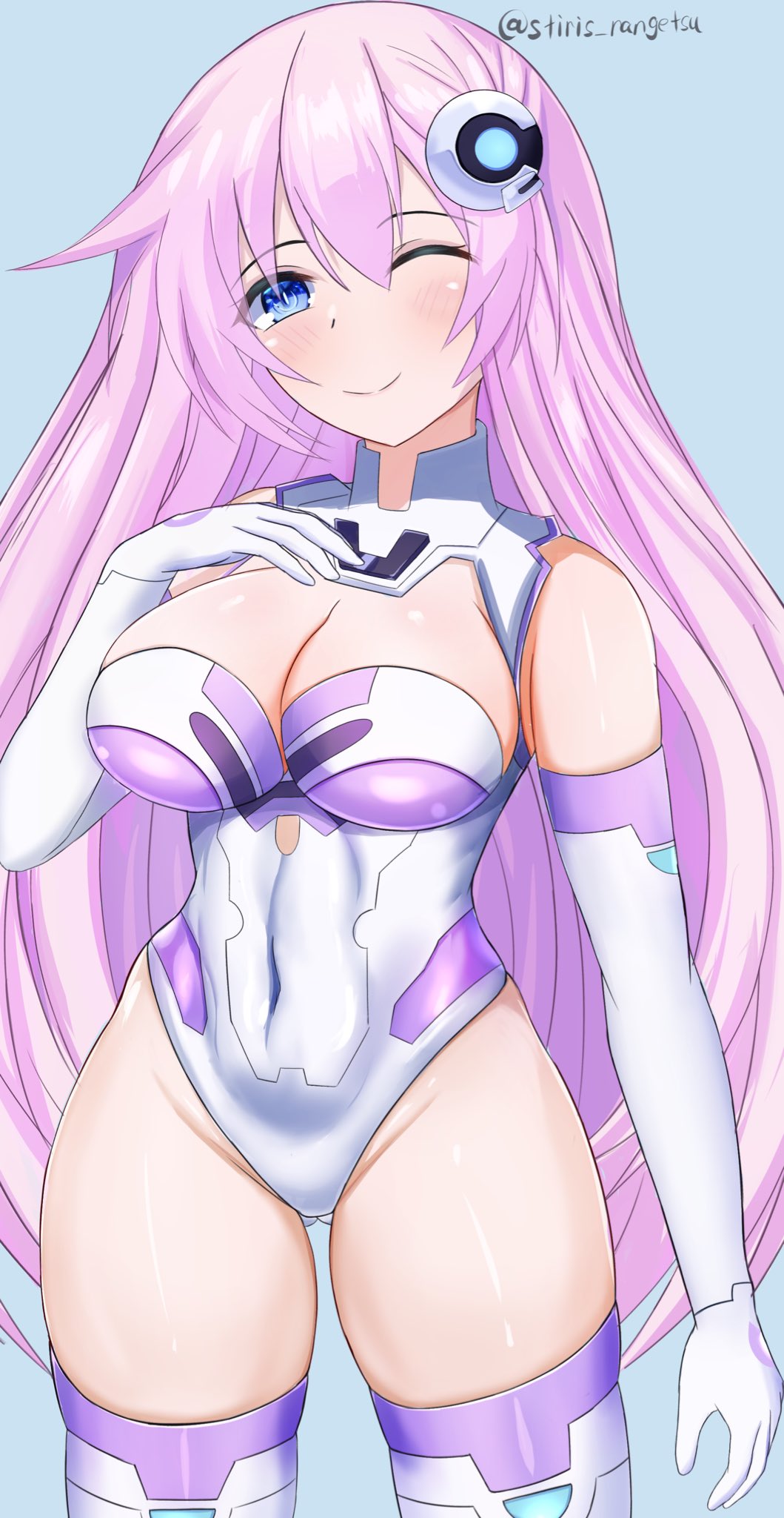 1girls bare_shoulders big_breasts blue_eyes blush breasts busty covered_navel curvy elbow_gloves female female_only fully_clothed gloves hair_between_eyes highres large_breasts leotard long_hair looking_at_viewer nepgear neptunia_(series) one_eye_closed pink_hair power_symbol purple_hair purple_sister revealing_clothes sensual skin_tight skindentation smile solo stiris_rangetsu symbol-shaped_pupils thick_thighs thighs tight_clothing very_long_hair voluptuous white_gloves white_leotard wink