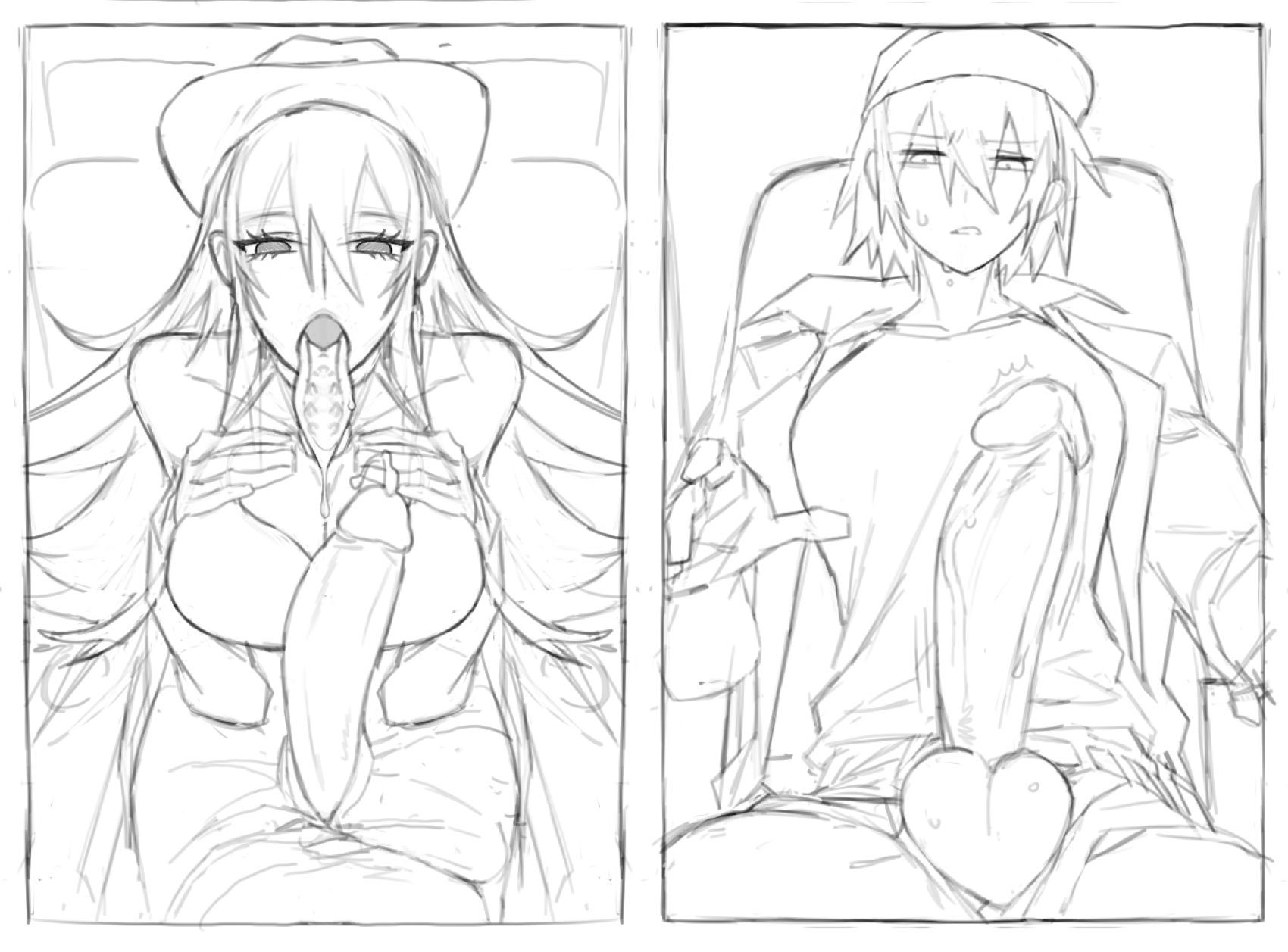 1futa, 1girls, balls, balls squish, big breasts, big penis, breasts, clothed, clothing, dickgirl, dress, duo, erection, female, female pov, futa on female, futa pov, futanari, giver pov, hat, high-angle view, huge cock, human, intersex, line art, long hair, long tongue, low-angle view, mostly clothed, open mouth, penis, penis out, pov, pov crotch, shirt, sitting, taker pov, telson, tongue, tongue out, unbuttoned pants
