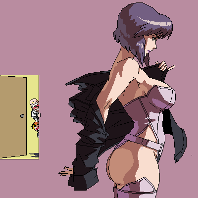 1girls from_side ghost_in_the_shell ghost_in_the_shell_stand_alone_complex jacket kusanagi_motoko large_breasts purple_leotard rakugaki_(artist) short_hair simple_background voyeur