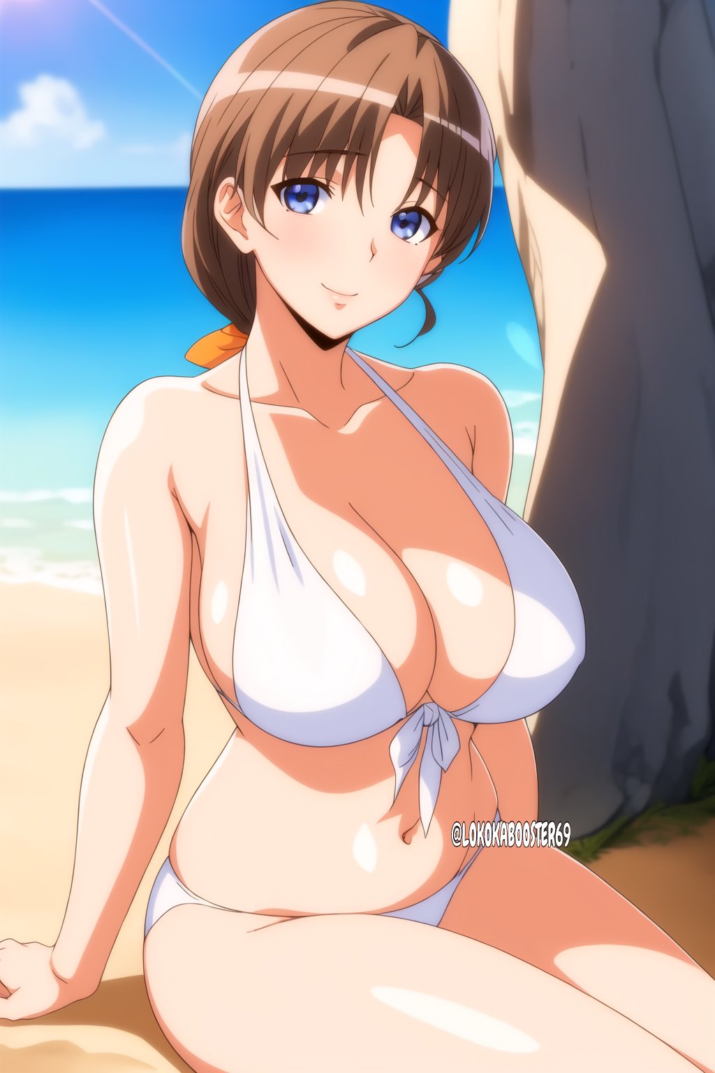 1girls ai_generated big_breasts bikini braid breasts breasts_focus brown_eyes brown_hair busty cleavage curvy female female_only front-tie_bikini front-tie_top hair_ribbon highres kyoko_(sweet_home) large_breasts legs mature mature_female mature_woman milf morobashi_kyouko moroboshi_kyouko navel ribbon smile solo sweet_home swimsuit thighs third-party_edit voluptuous