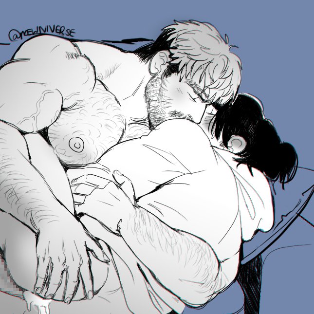 2boys anal arm_around_waist arm_hair ass bara beard bottomless chest_hair clothed_sex couple cum cum_in_ass cum_overflow facial_hair feet_out_of_frame from_above goatee_stubble greyscale_with_colored_background hairy happy_sex kissing large_pectorals luke_(mewniverse) lying magnum_opus_(mewniverse) male_focus mature_male mewniverse moustache multiple_boys muscular muscular_male nipples on_side pectorals sam_(mewniverse) sex short_hair sideburns thick_eyebrows thighs undercut veins veiny_arms yaoi