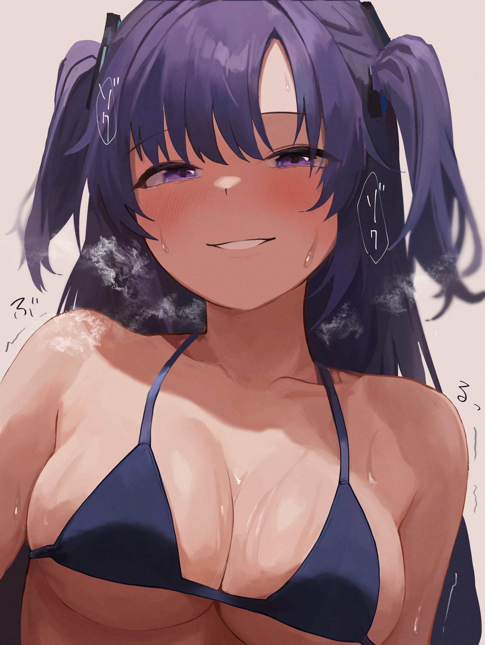 artist request, bikini top, blue archive, breasts, dio nand, female, horny female, huge breasts, in heat, japanese text, millennium science school student, naughty smile, seminar (blue archive), steam, steaming body, sweaty, tagme (artist), upper body, yuuka (blue archive)