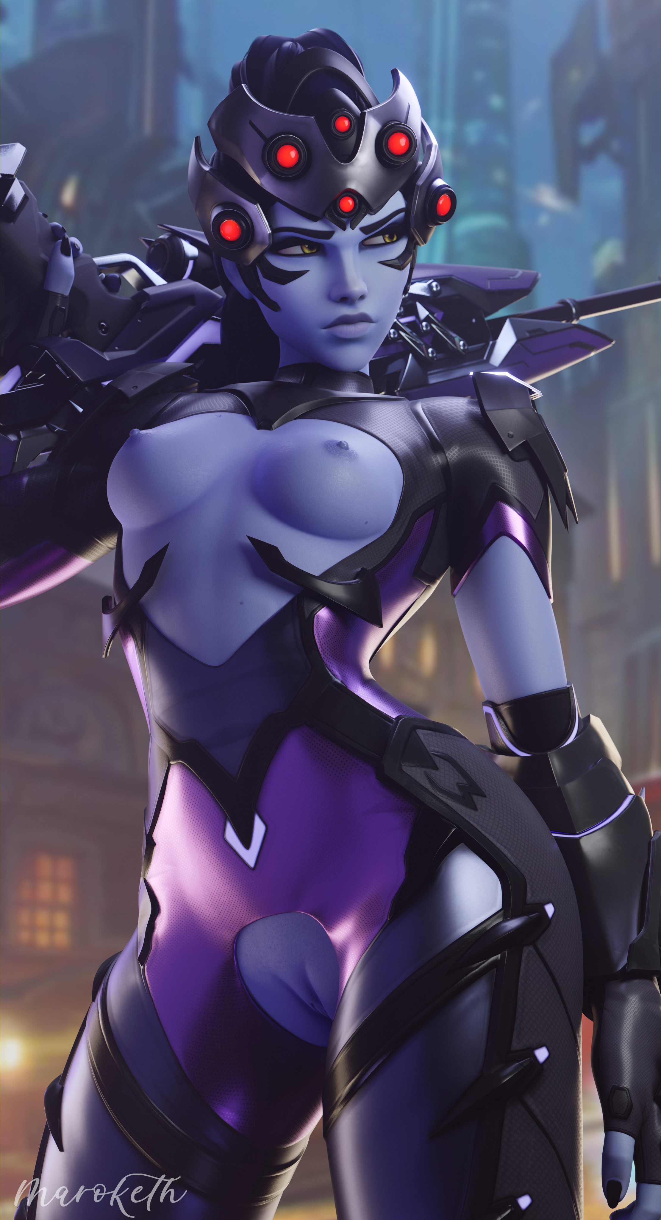 1girls, 3d, angry, annoyed, artist name, bodysuit, breasts, cleavage cutout, clothing cutout, exposed breasts, exposed pussy, female, female only, fingerless gloves, gauntlets, gloves, gun, headgear, maroketh3d, nipples, no bra, no panties, overwatch, overwatch 2, purple skin, pussy, pussy cutout, rifle, shaved pussy, small breasts, sniper, sniper rifle, solo, solo female, standing, tagme, weapon, widowmaker, widowmaker (overwatch 2 suit), yellow eyes