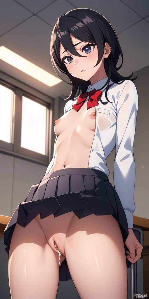 ai generated, bleach, breasts, classroom, cum in pussy, exposed breasts, exposed pussy, female, kuchiki rukia, pussy, school uniform, schoolgirl, upskirt