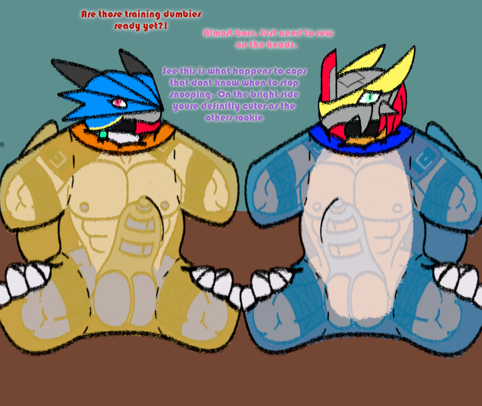 anthro ball_gag bandai_namco bondage bondage_gear bondage_gloves bound chastity_cage chastity_device digimon digimon_(species) dragman duct_tape duo english_text gag humanoid male male/male muscular muscular_male plushification royal_knights sounding_rod tape text ulforceveedramon urethral victorygreymon